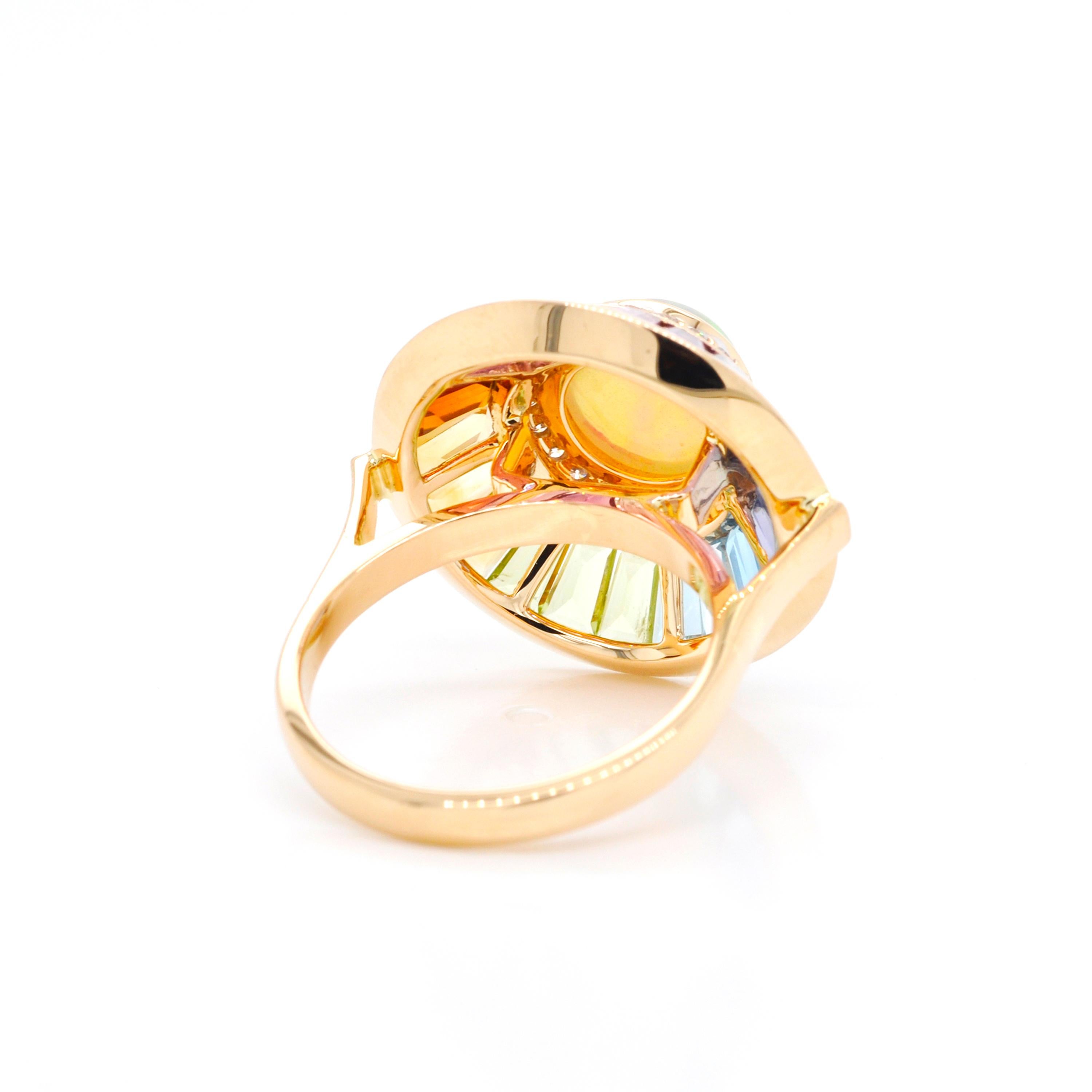 Women's 18k Gold Ethiopian White Opal Multicolour Rainbow Baguette Circular Diamond Ring