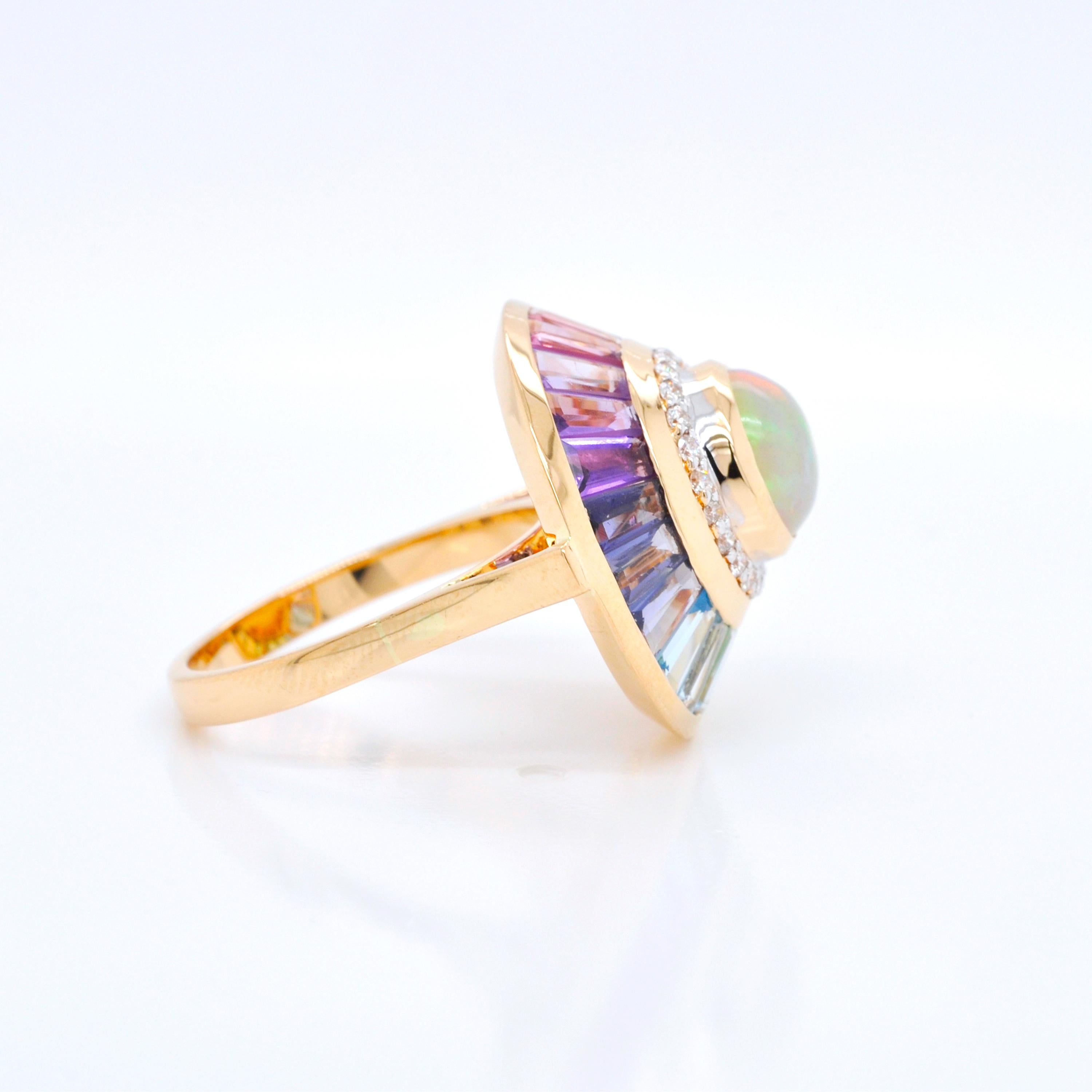 Art Deco 18k Gold Ethiopian White Opal Multicolour Rainbow Baguette Circular Diamond Ring