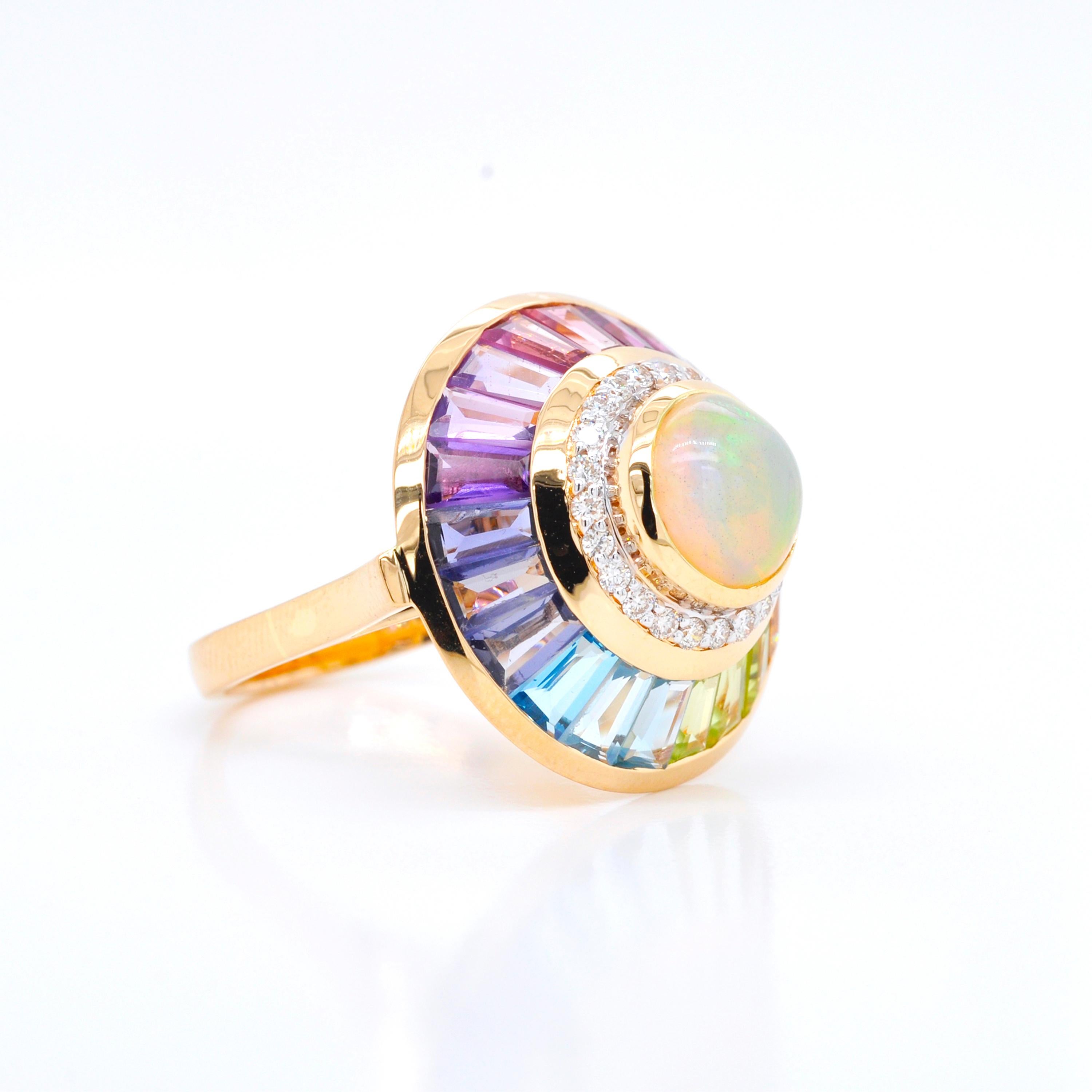 Tapered Baguette 18k Gold Ethiopian White Opal Multicolour Rainbow Baguette Circular Diamond Ring