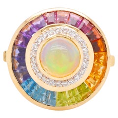 Bague circulaire en or 18 carats avec opale blanche éthiopienne multicolore arc-en-ciel et diamants baguettes