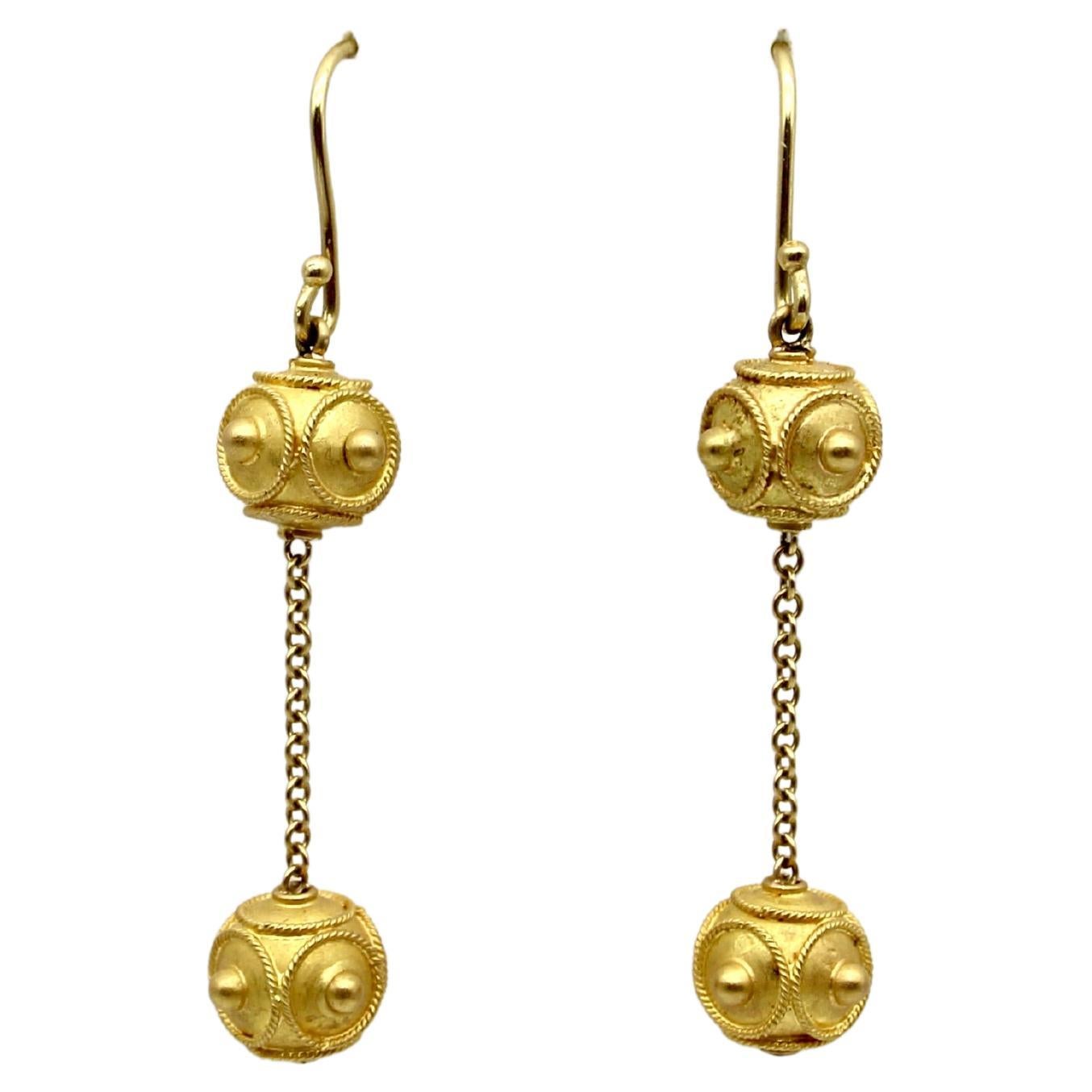 18K Gold Etruscan Revival Double Ball Dangle Earrings with Diamond Accent