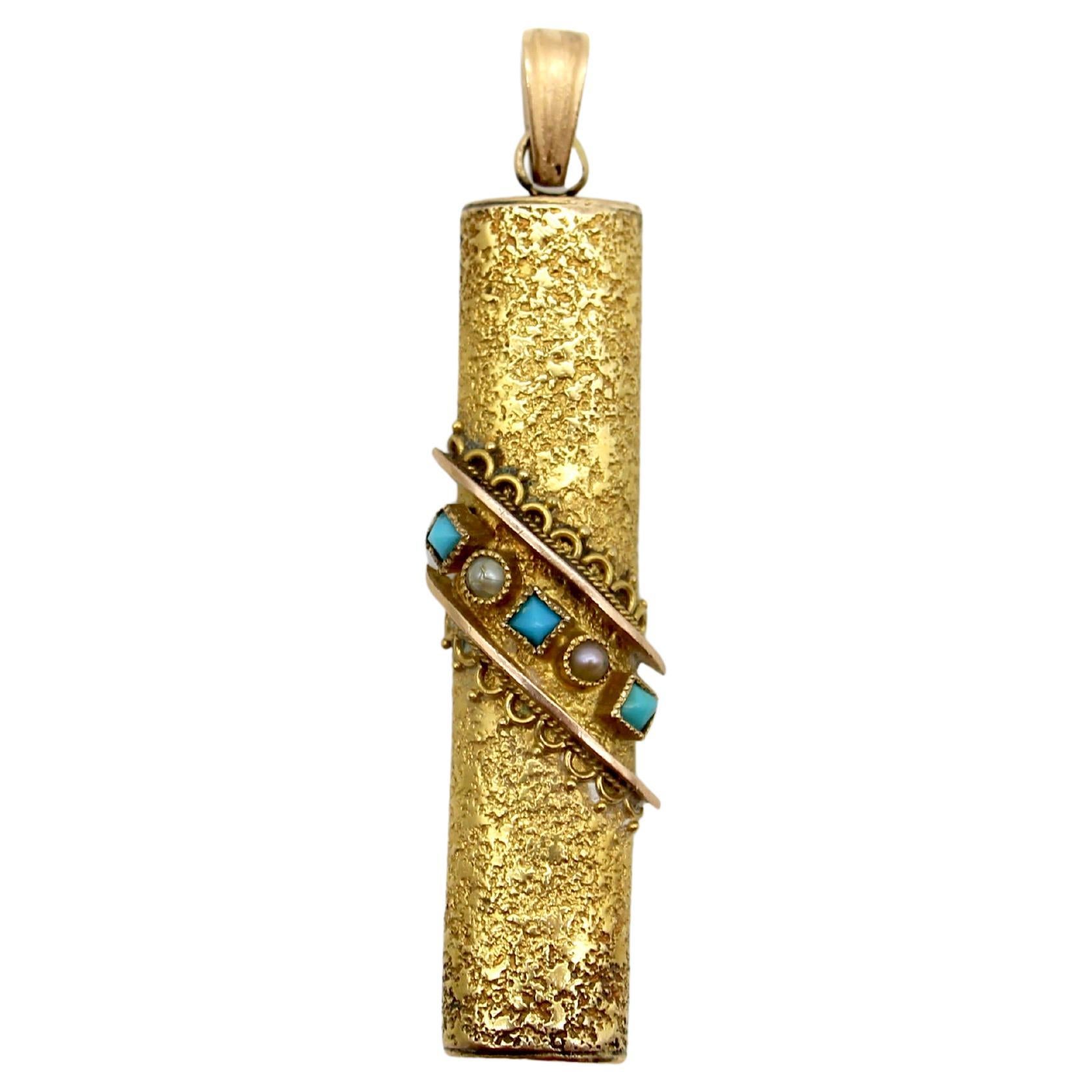 Colgante Renacimiento Etrusco de Oro de 18K con Turquesa y Perlas en venta