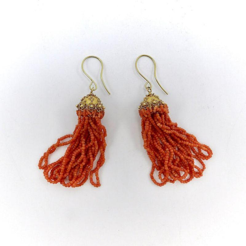 18K Gold Etruscan Revival Victorian Natural Coral Bead Earrings In Good Condition For Sale In Venice, CA