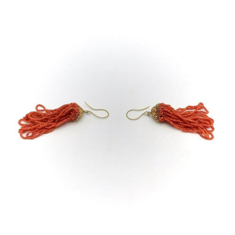 Women's or Men's 18K Gold Etruscan Revival Victorian Natural Coral Bead Earrings For Sale