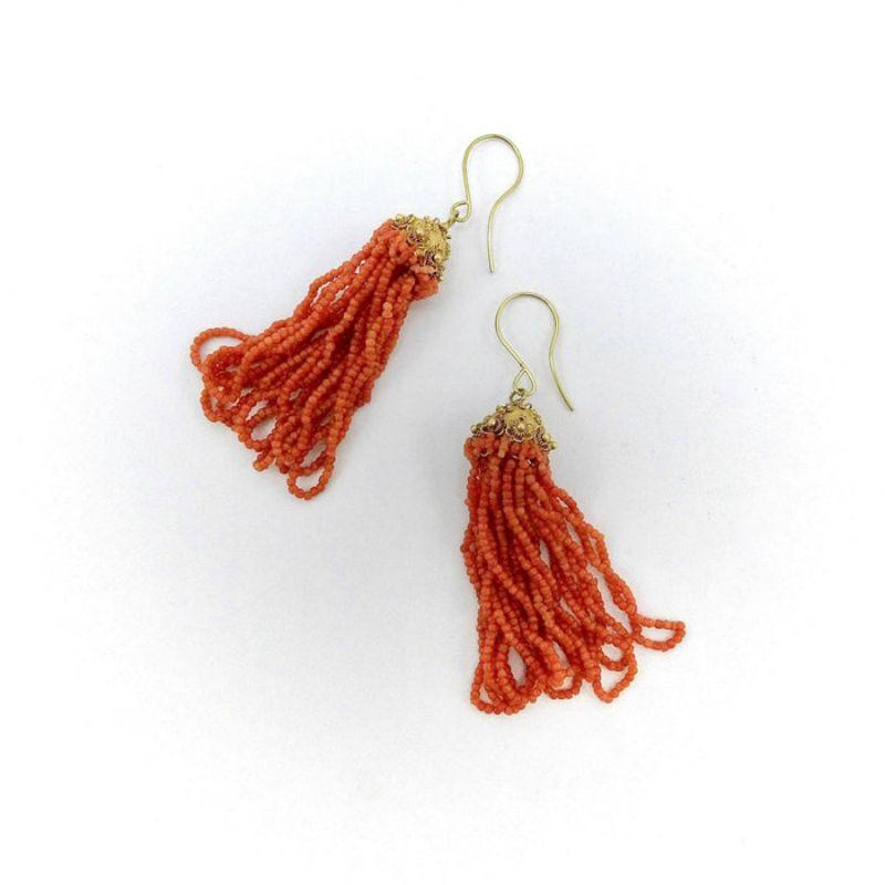 18K Gold Etruscan Revival Victorian Natural Coral Bead Earrings For Sale 1