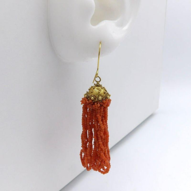 18K Gold Etruscan Revival Victorian Natural Coral Bead Earrings For Sale 2