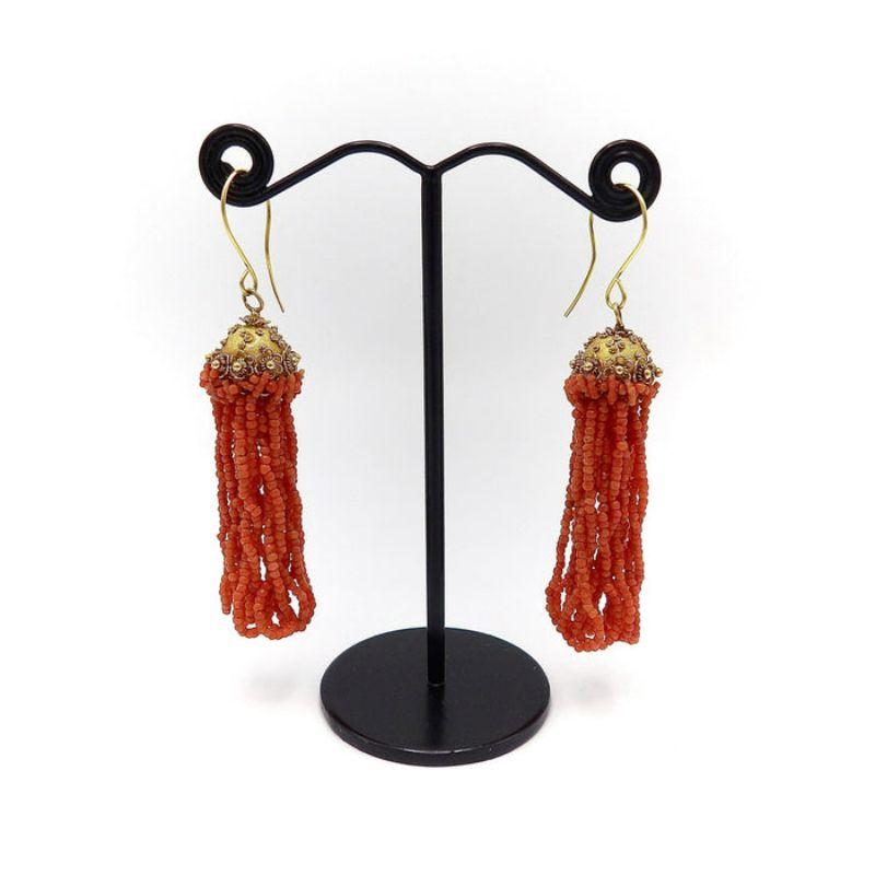 18K Gold Etruscan Revival Victorian Natural Coral Bead Earrings For Sale 3