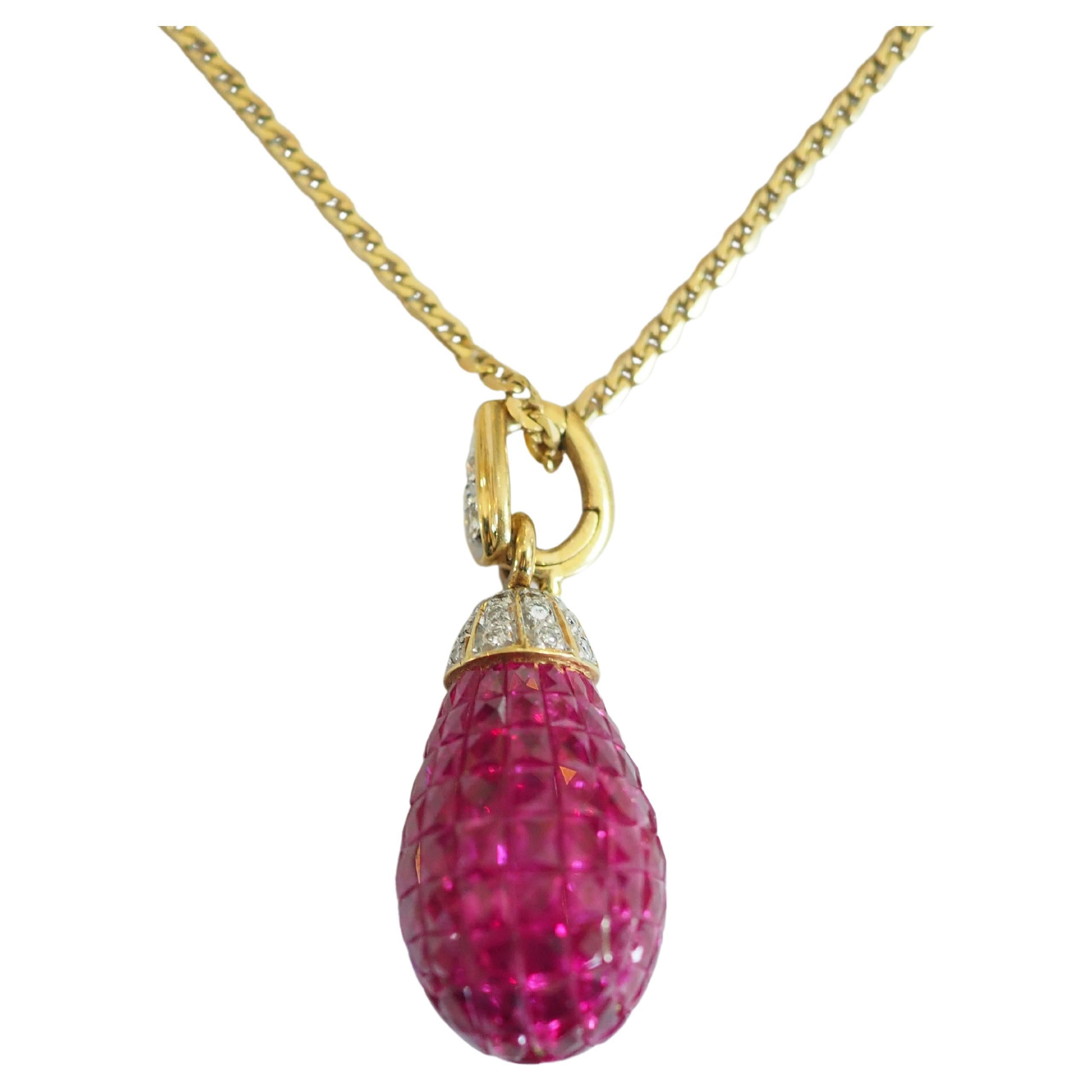 18k Gold Faberge Ruby & Diamond Pear Shaped Cluster Pendant Necklace + Chain
