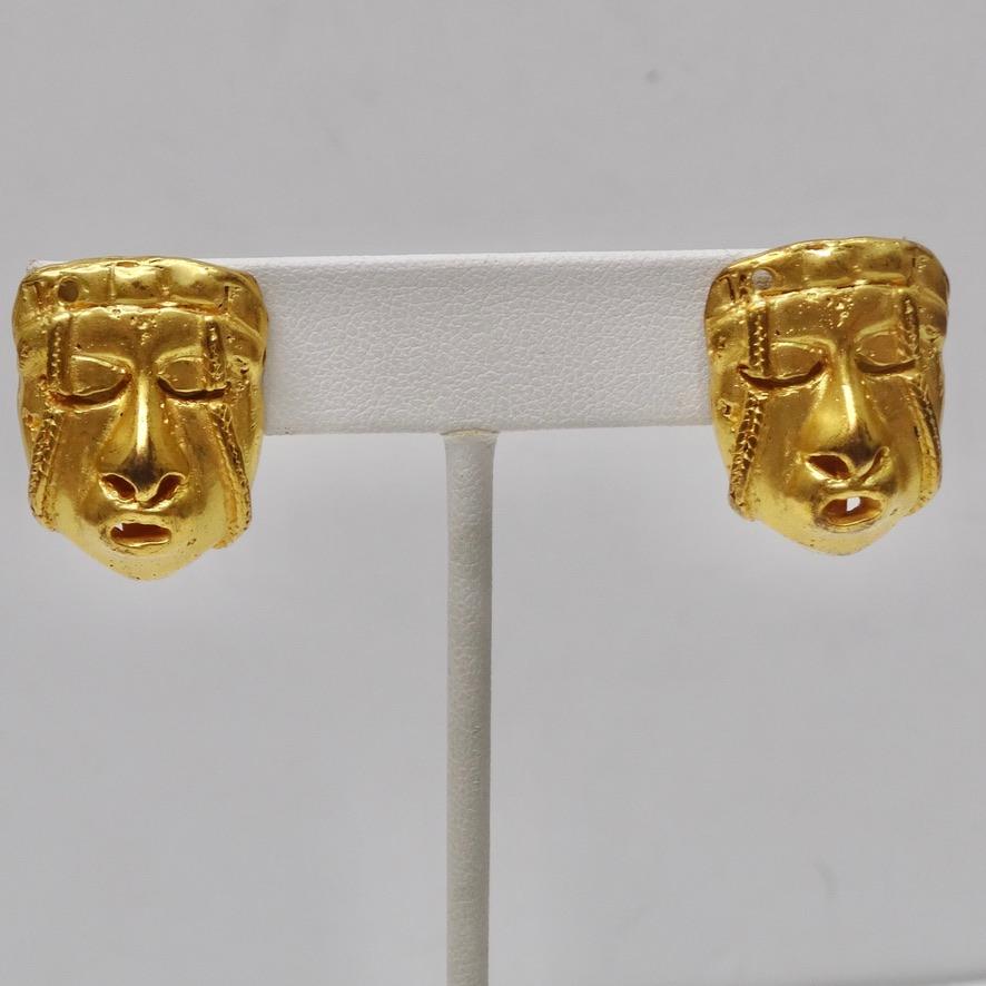 Women's or Men's 18K Gold Face Motif Stud Earrings For Sale