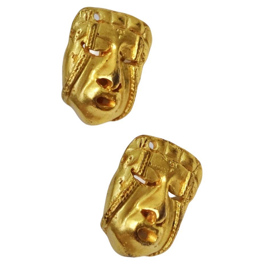 18K Gold Face Motif Stud Earrings For Sale