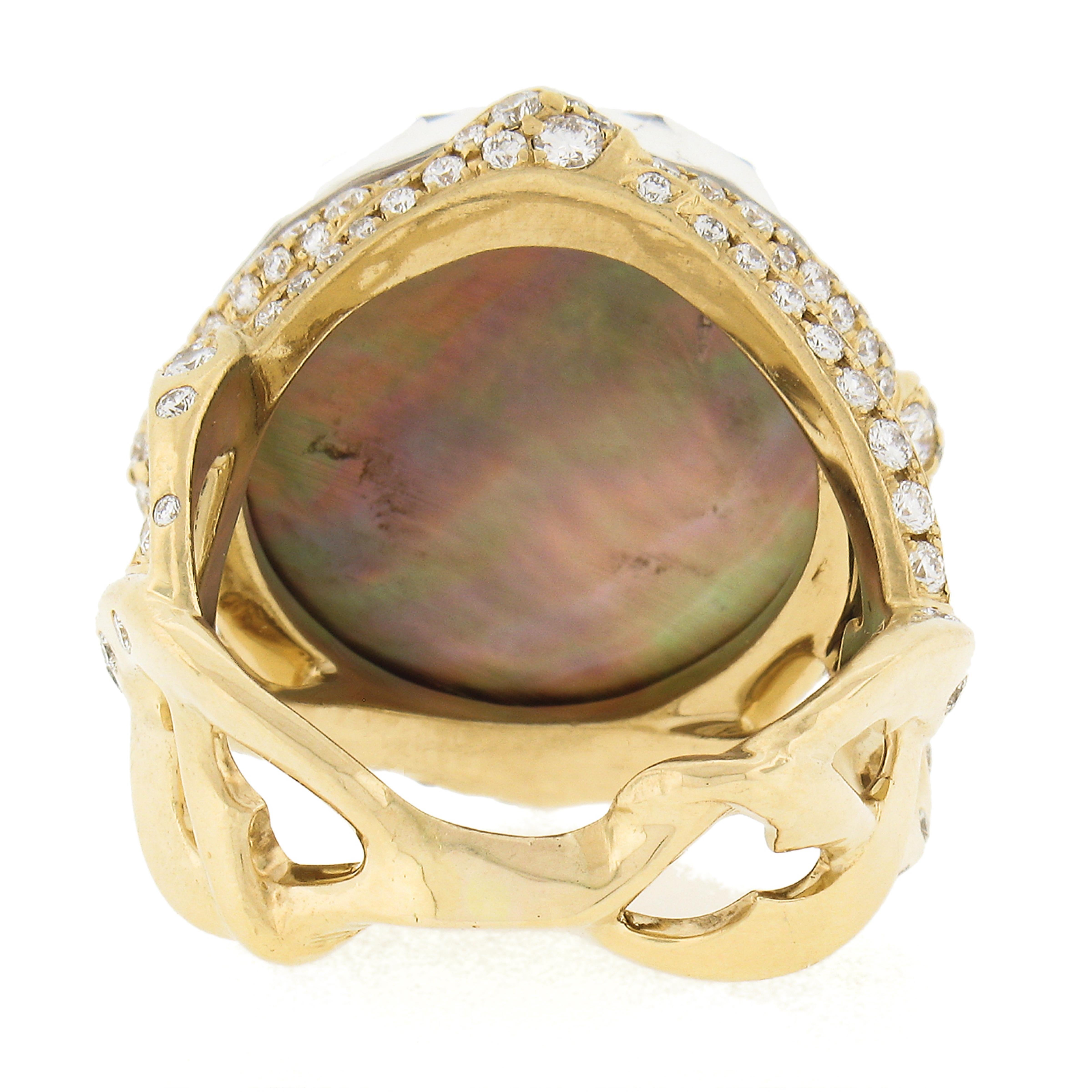 18k Gold Faceted Rock Crystal Black Mother of Pearl Ring W/ 1.20ctw Diamonds For Sale 2