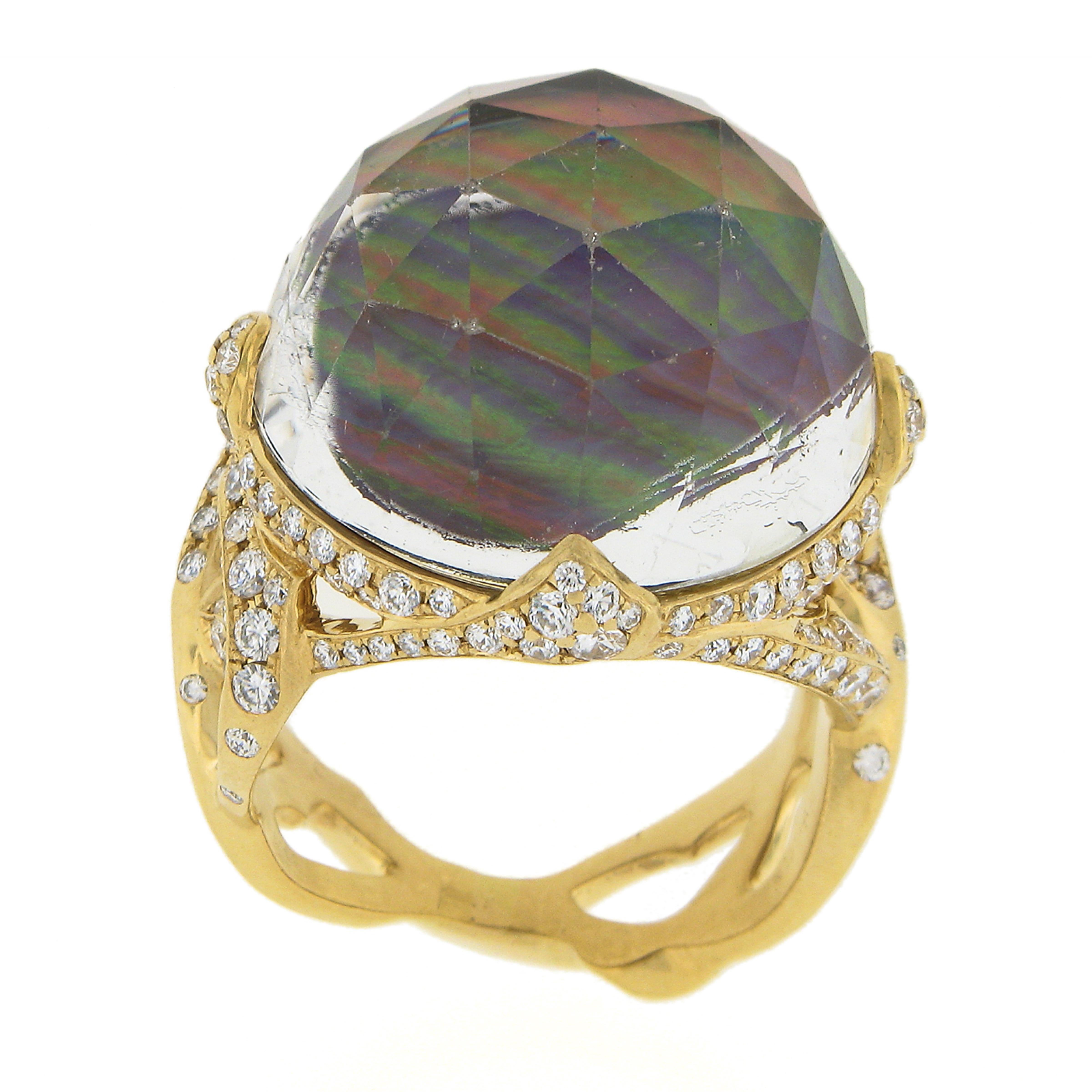 18k Gold Faceted Rock Crystal Black Mother of Pearl Ring W/ 1.20ctw Diamonds For Sale 3
