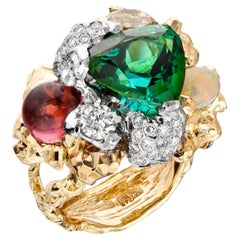 Anillo de oro de 18 quilates con turmalina fantasía y diamantes hecho a mano por MOISEIKIN