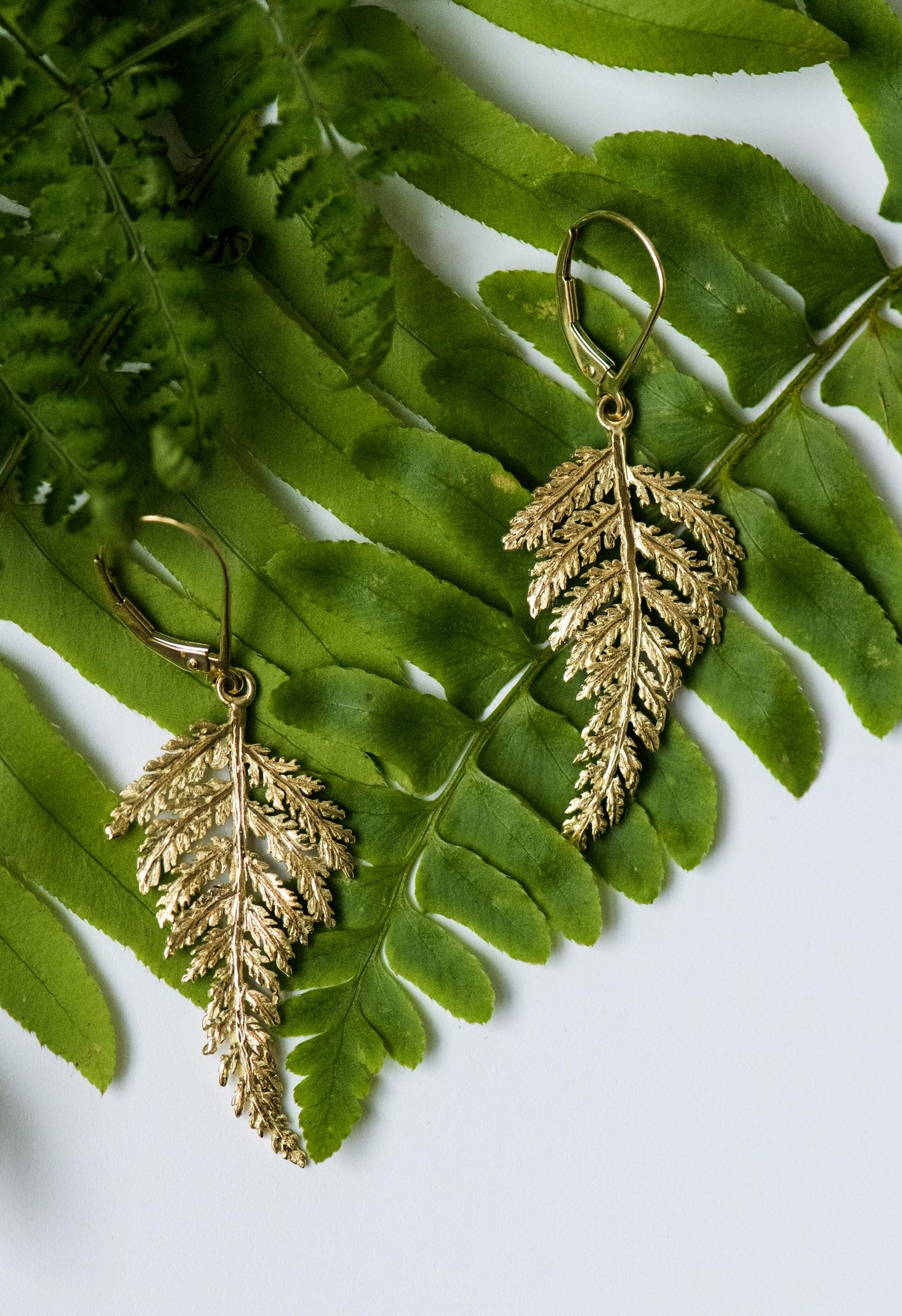 Artisan 18K Gold Fern Earrings For Sale