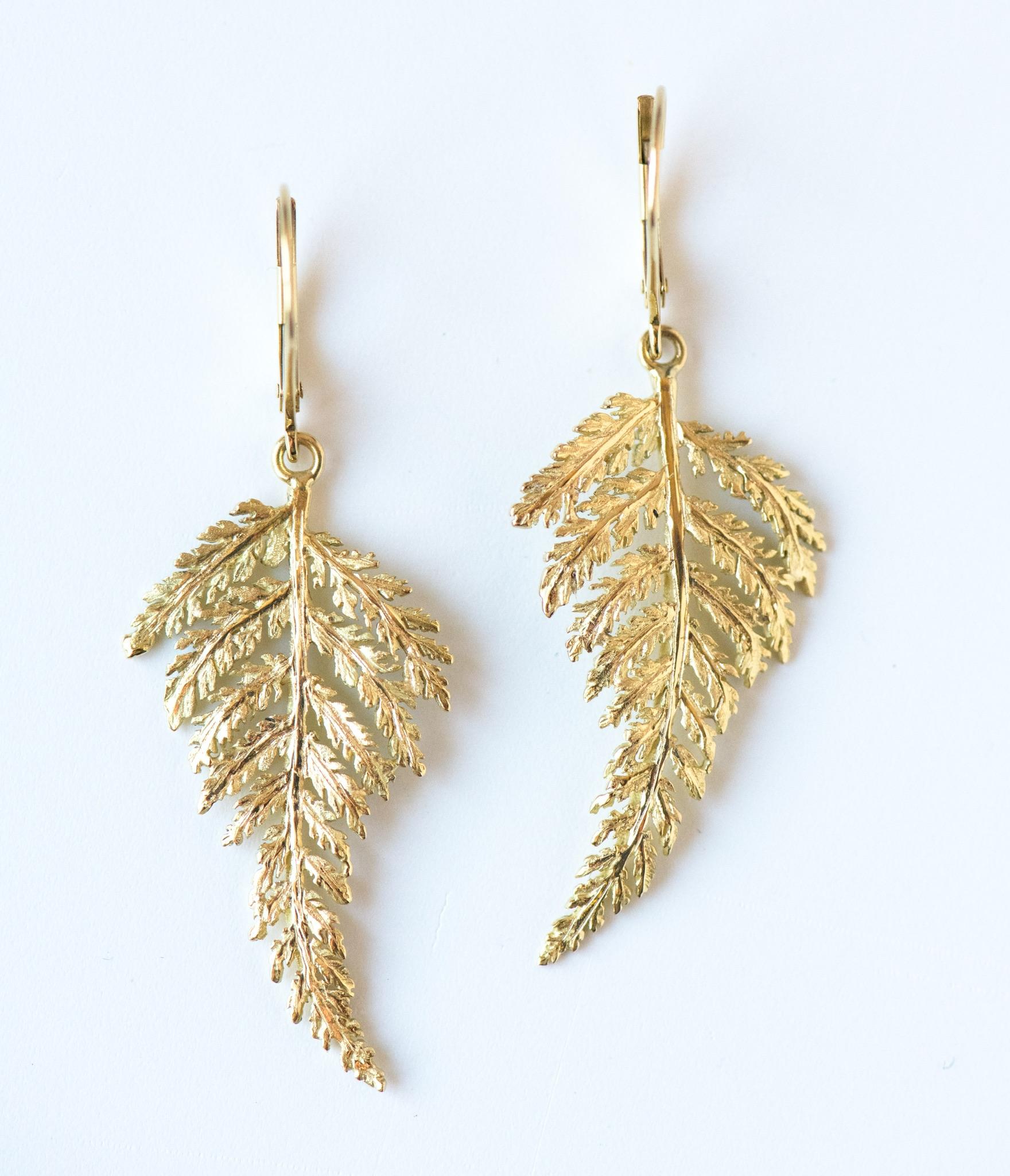 Women's 18K Gold Fern Earrings For Sale