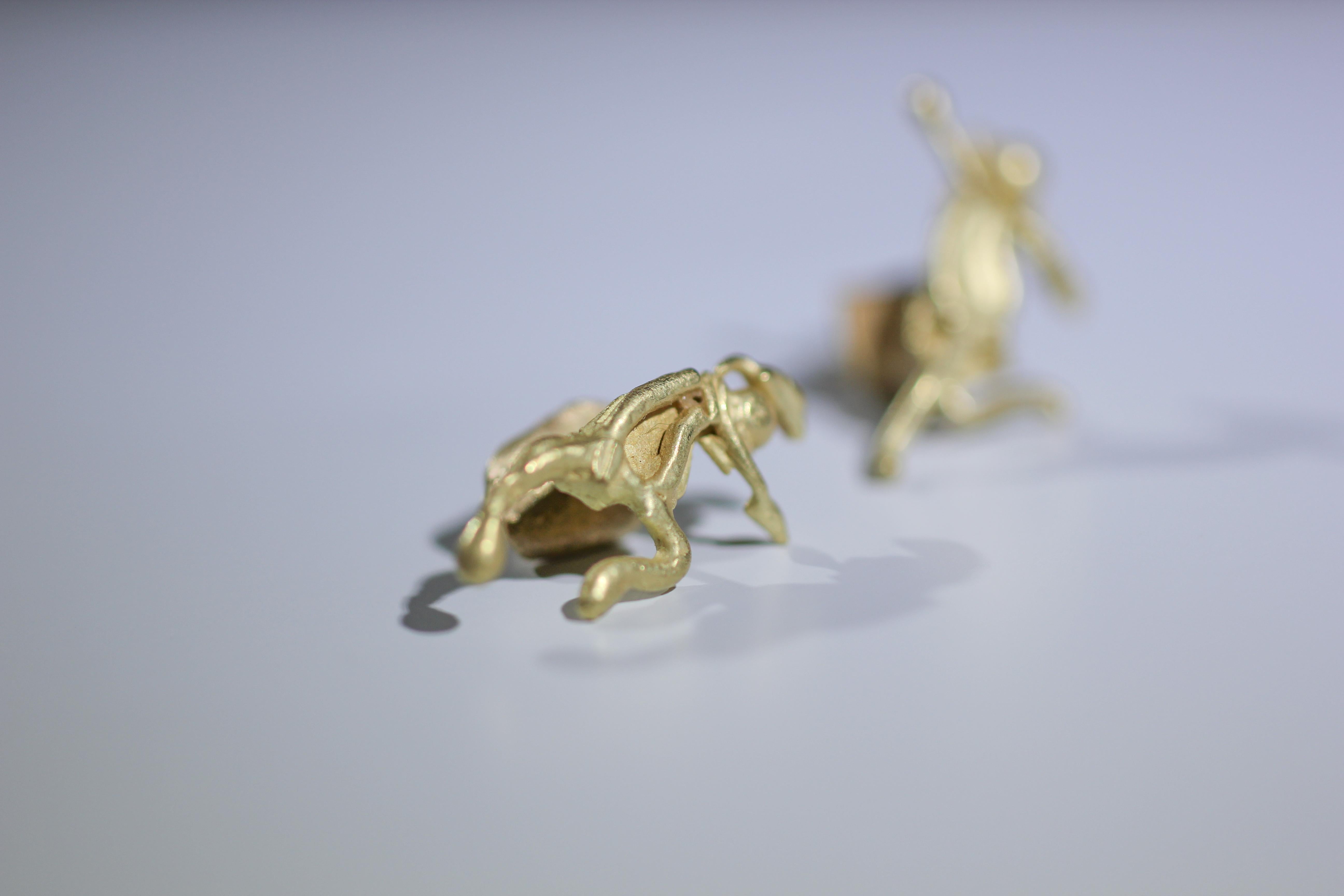 DANCE. Mismatched figurines, pair of asymmetric minimalist stud post earrings in 18K Gold. Whimsical, impressionist style, Created for a modern woman. Show your sense of humor with these comfortable sculpture earrings while making a stylish