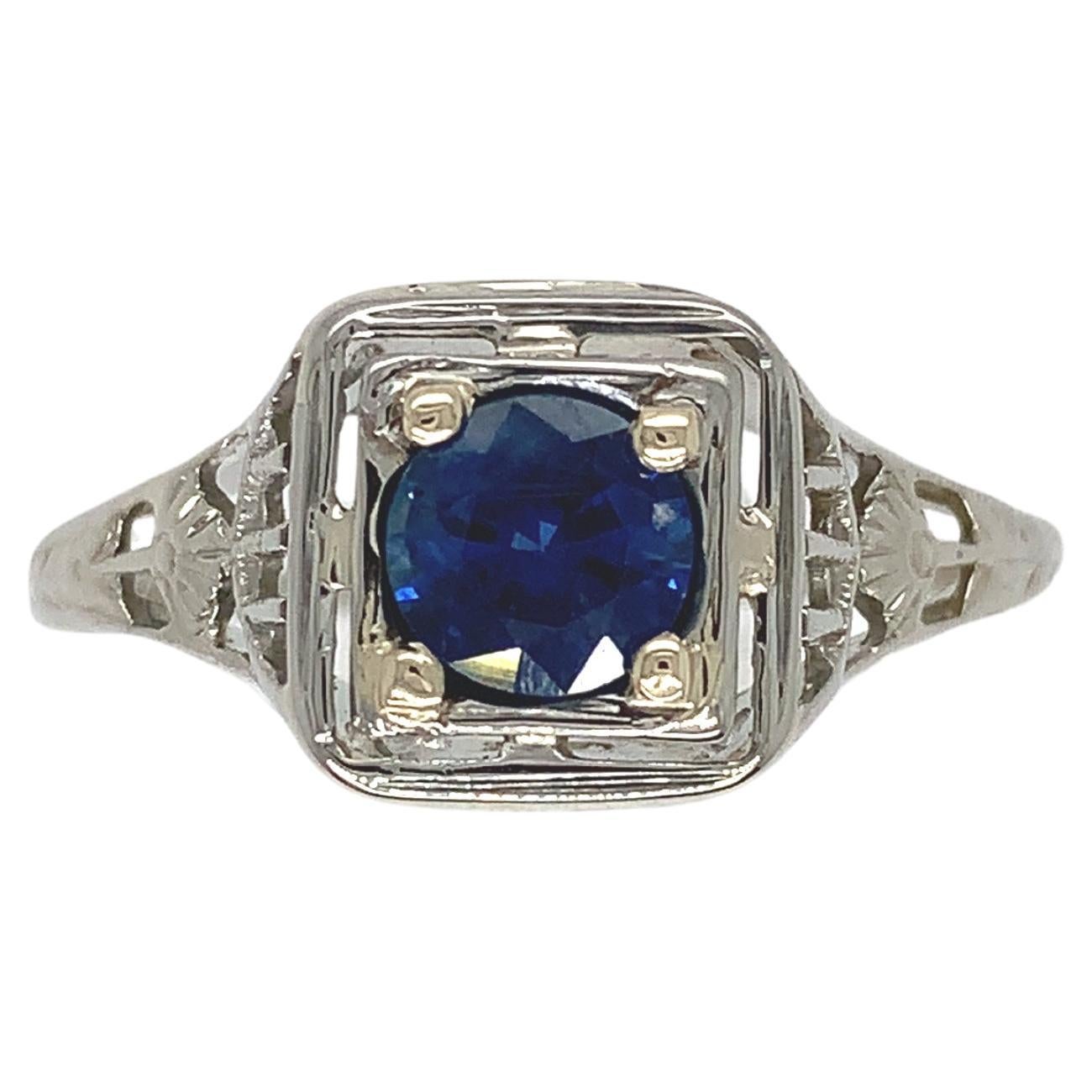 18K gold Filigree Ring with .57ct Sapphire Art Deco For Sale