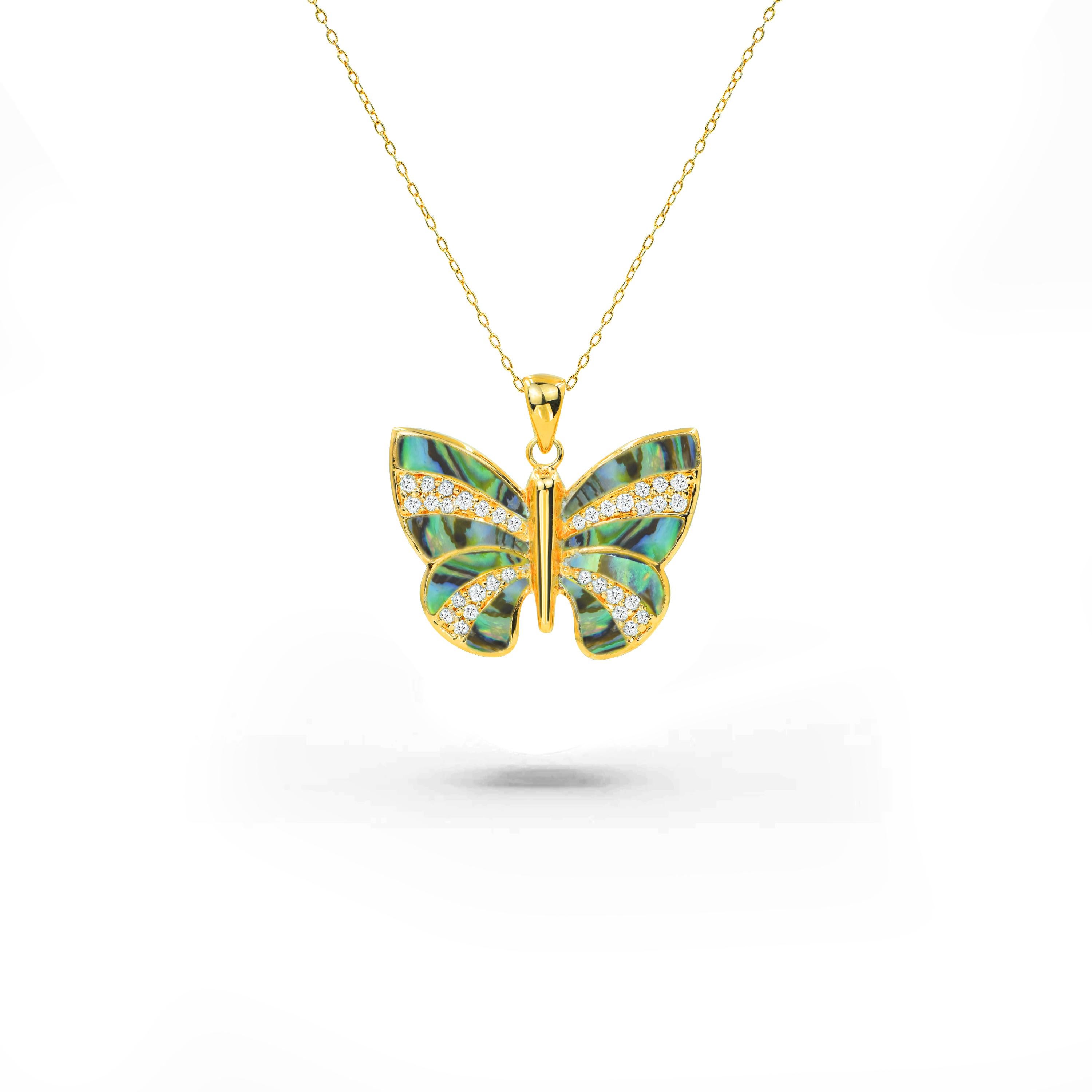 Art Deco 18K Gold filled Butterfly Necklace with  MOP Abalone Onyx and natural zircon For Sale