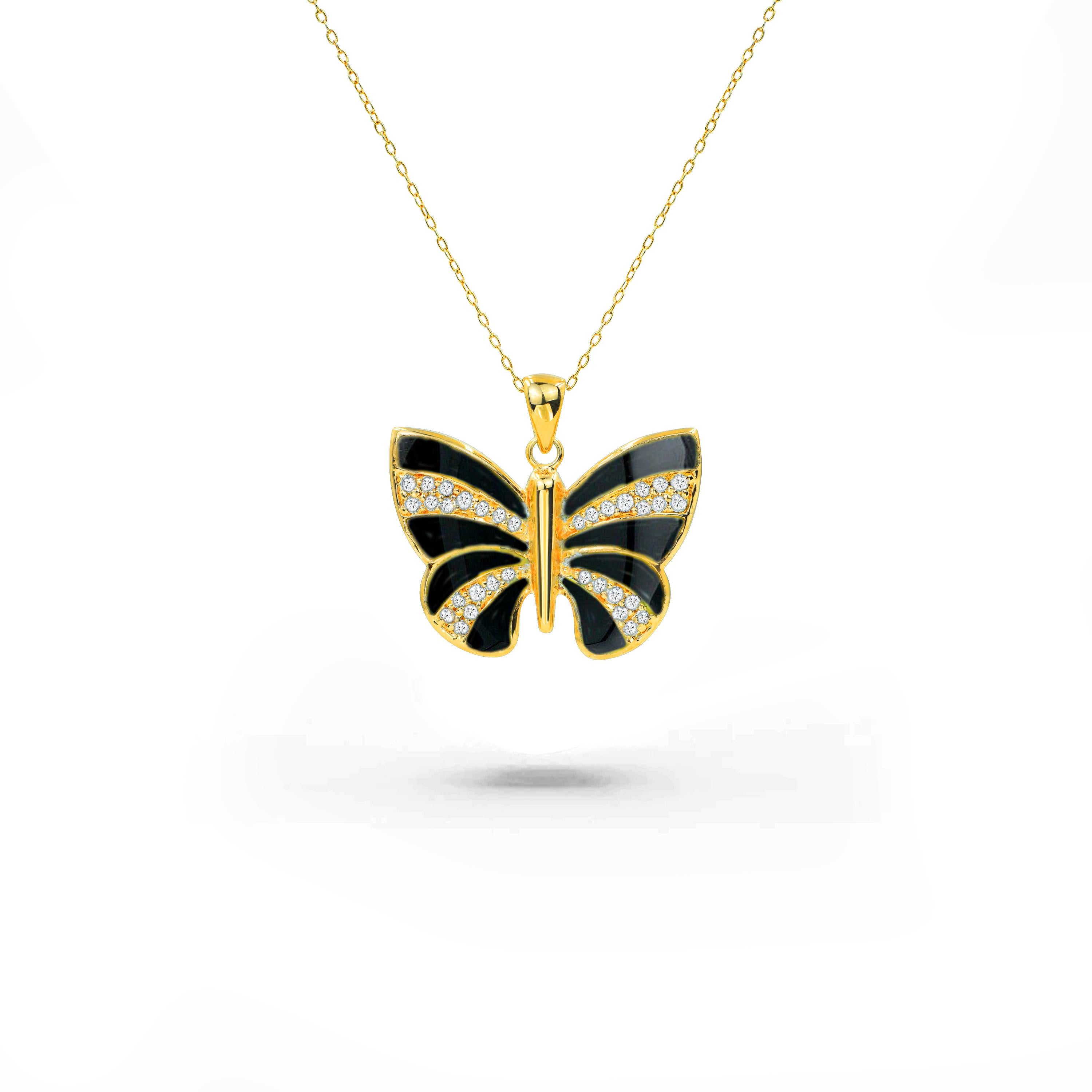 Round Cut 18K Gold filled Butterfly Necklace with  MOP Abalone Onyx and natural zircon For Sale