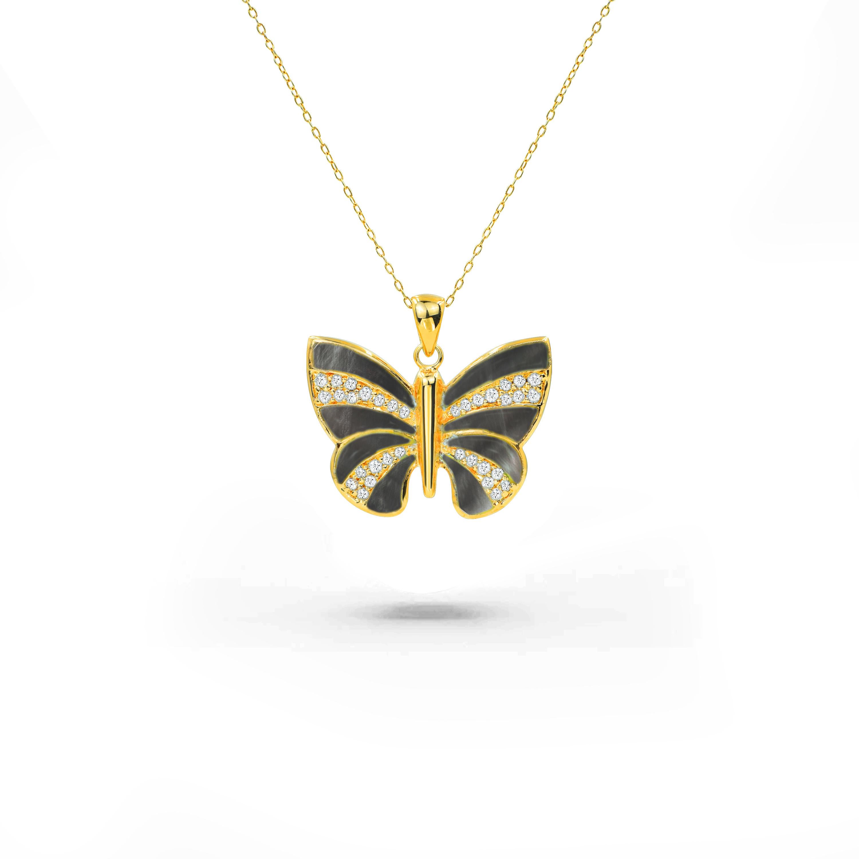 18K Gold filled Butterfly Necklace with  MOP Abalone Onyx and natural zircon In New Condition For Sale In Bangkholem , Bangkok Thailand