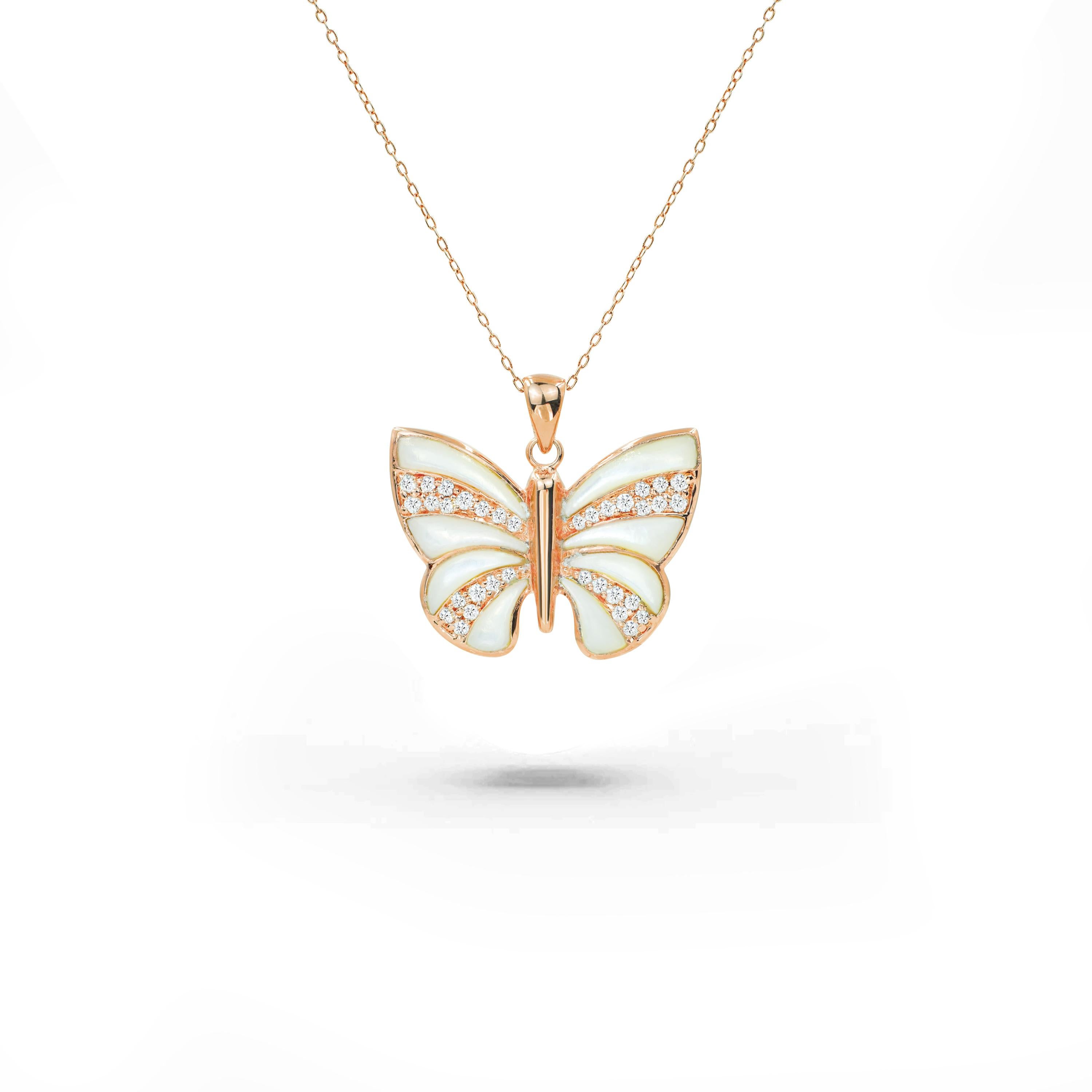 Collier papillon en or 18 carats avec  MOP Abalone Onyx et zircon naturel Unisexe en vente