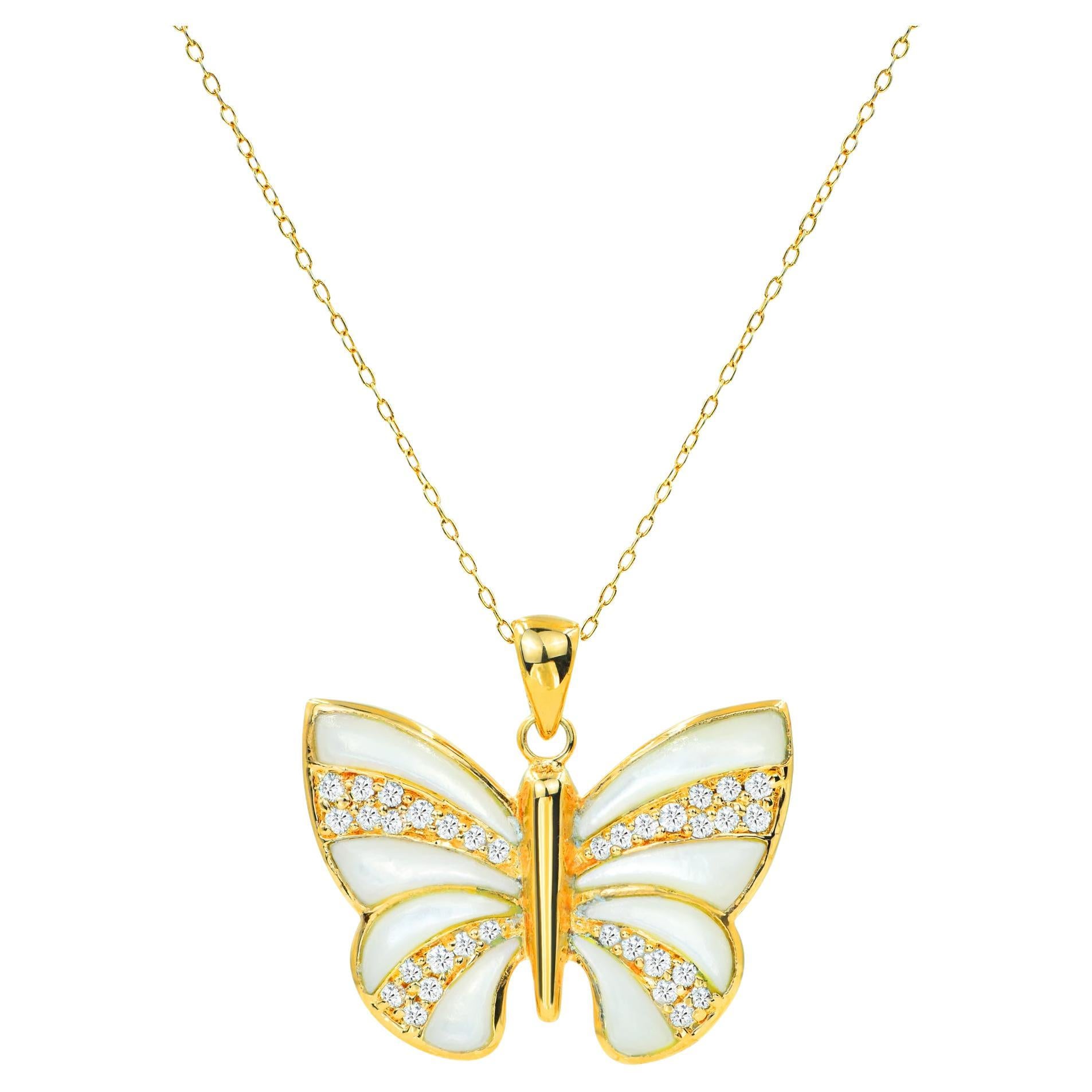 18K Gold filled Butterfly Necklace with  MOP Abalone Onyx and natural zircon