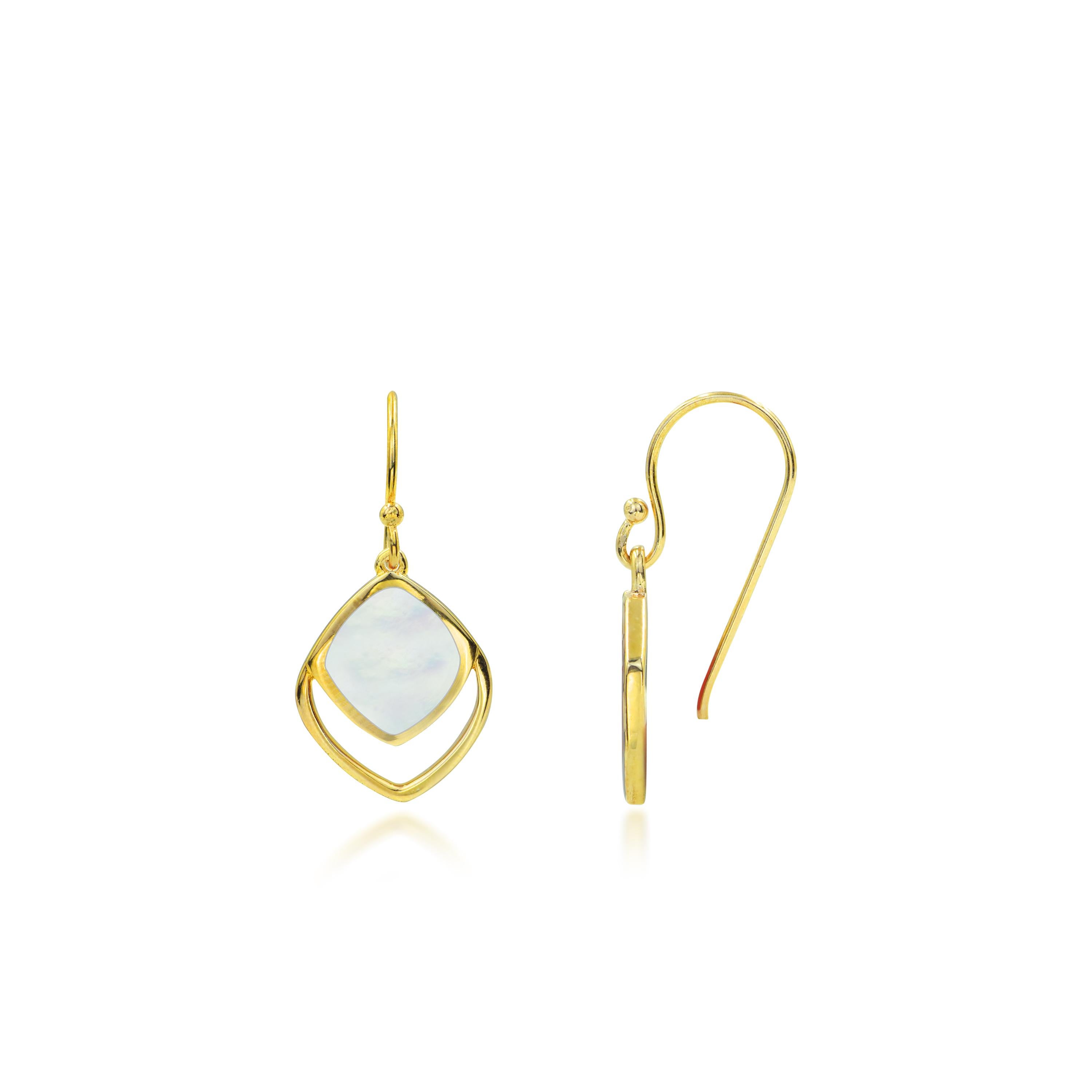 Art déco Boucles d'oreilles pendantes géométriques en or 18k avec abalone MOP, coquillage rose, onyx noir. en vente