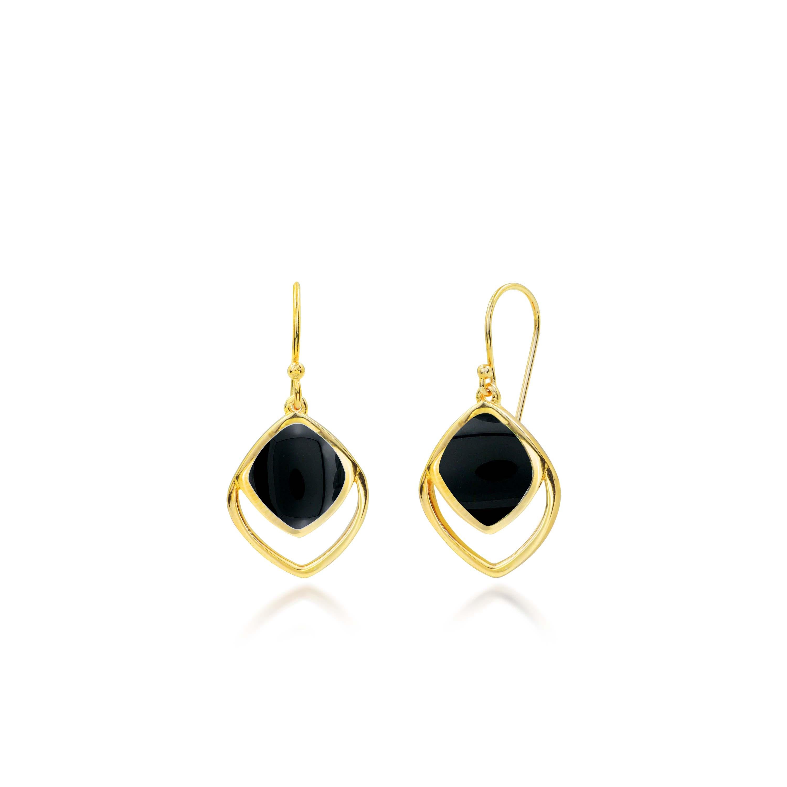 Boucles d'oreilles pendantes géométriques en or 18k avec abalone MOP, coquillage rose, onyx noir. en vente 1