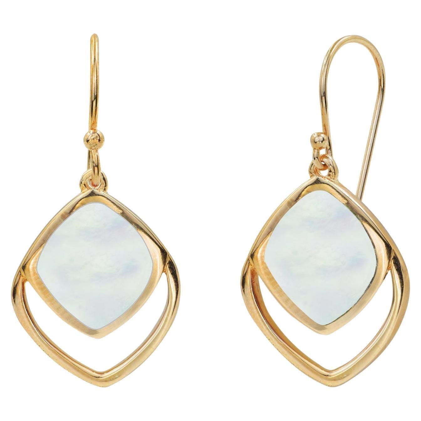 Boucles d'oreilles pendantes géométriques en or 18k avec abalone MOP, coquillage rose, onyx noir. en vente