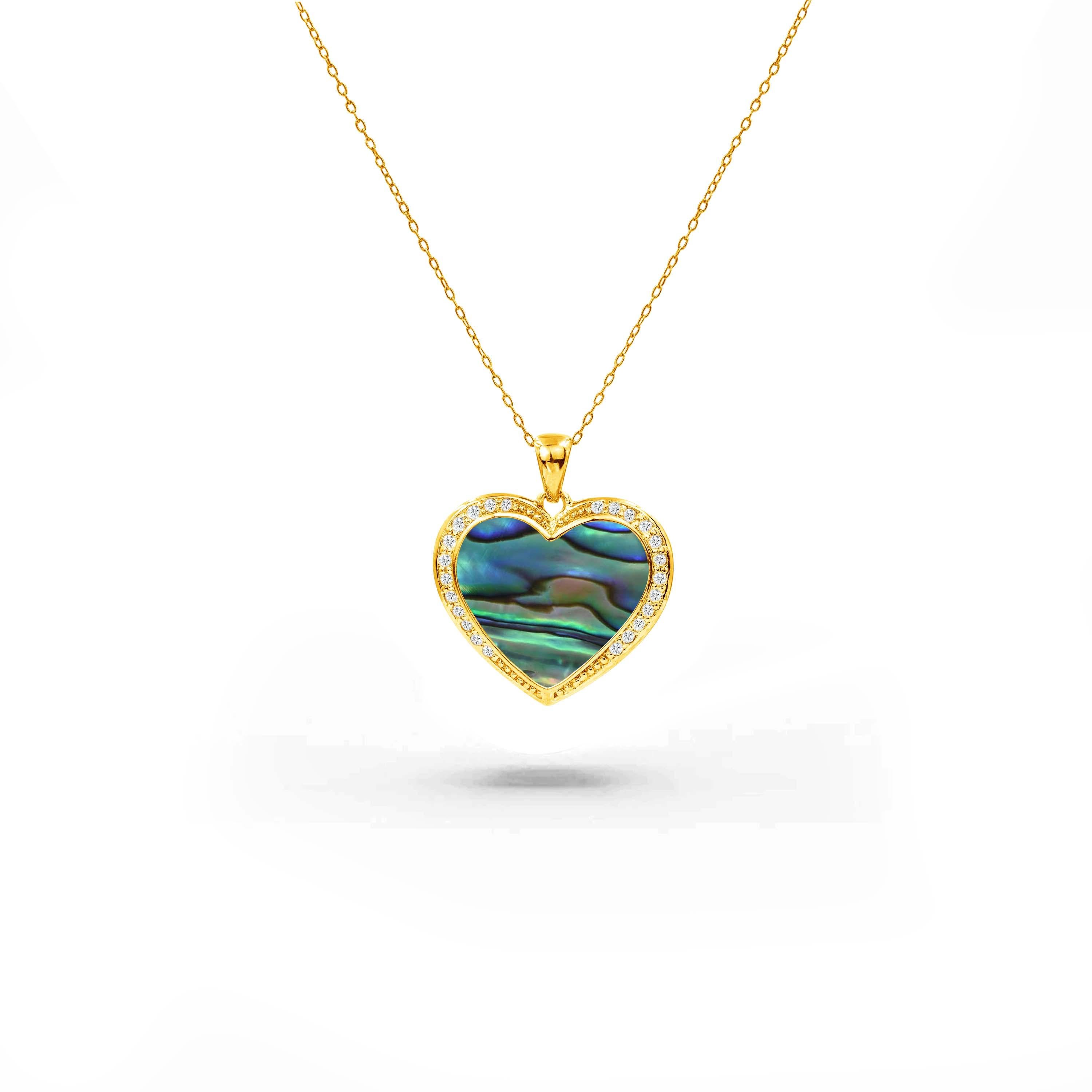 18 Karat Gold gefüllte Herz-Halskette mit MOP Abalone Onyx Rosa Muschel  natürlicher Zirkon  (Art déco) im Angebot