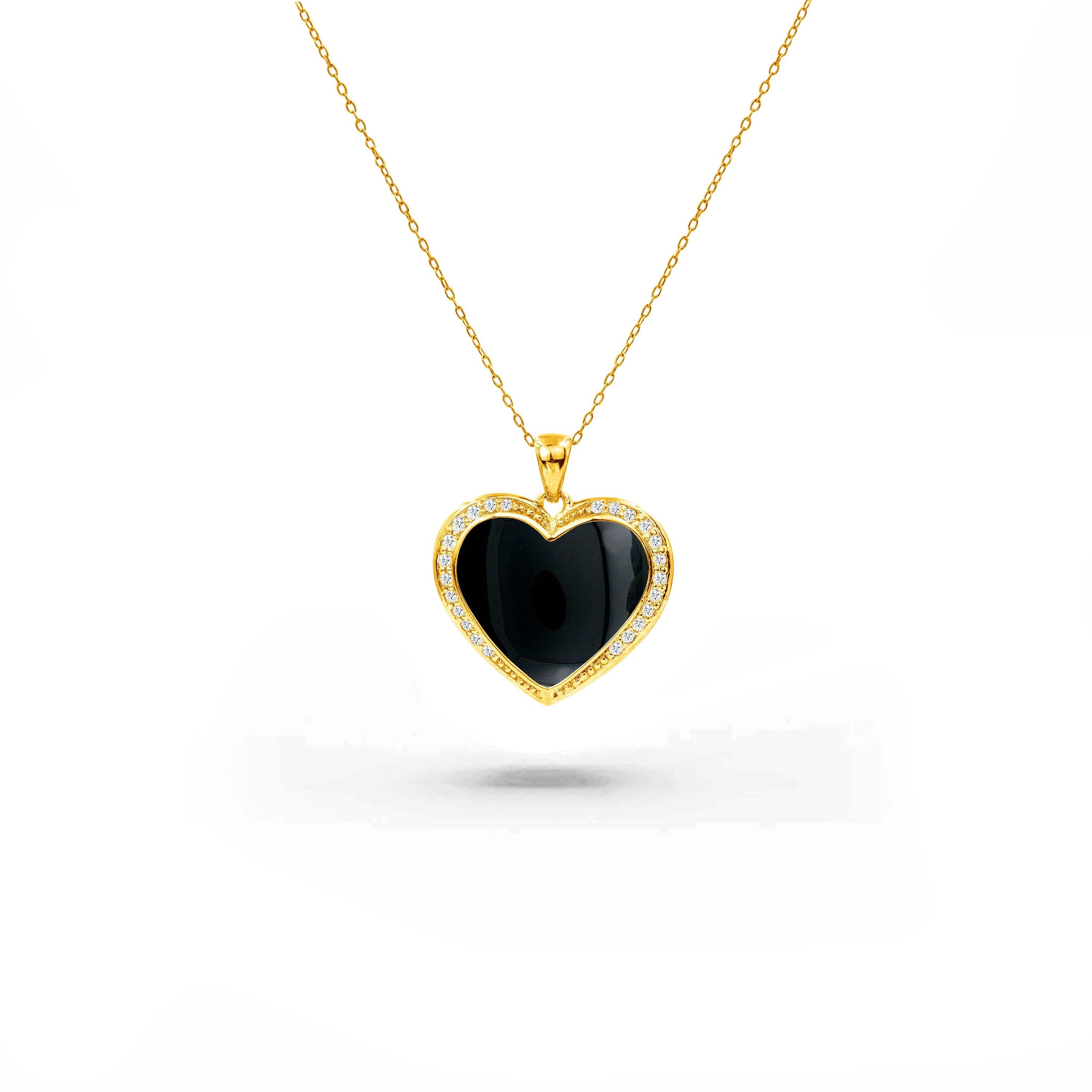 18 Karat Gold gefüllte Herz-Halskette mit MOP Abalone Onyx Rosa Muschel  natürlicher Zirkon  (Rundschliff) im Angebot