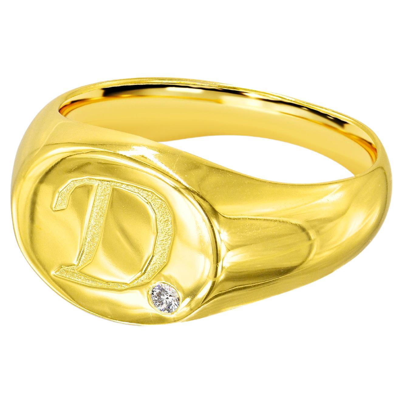 18K Gold filled Initial Signet ring with 0.02 Carat Natural Diamond