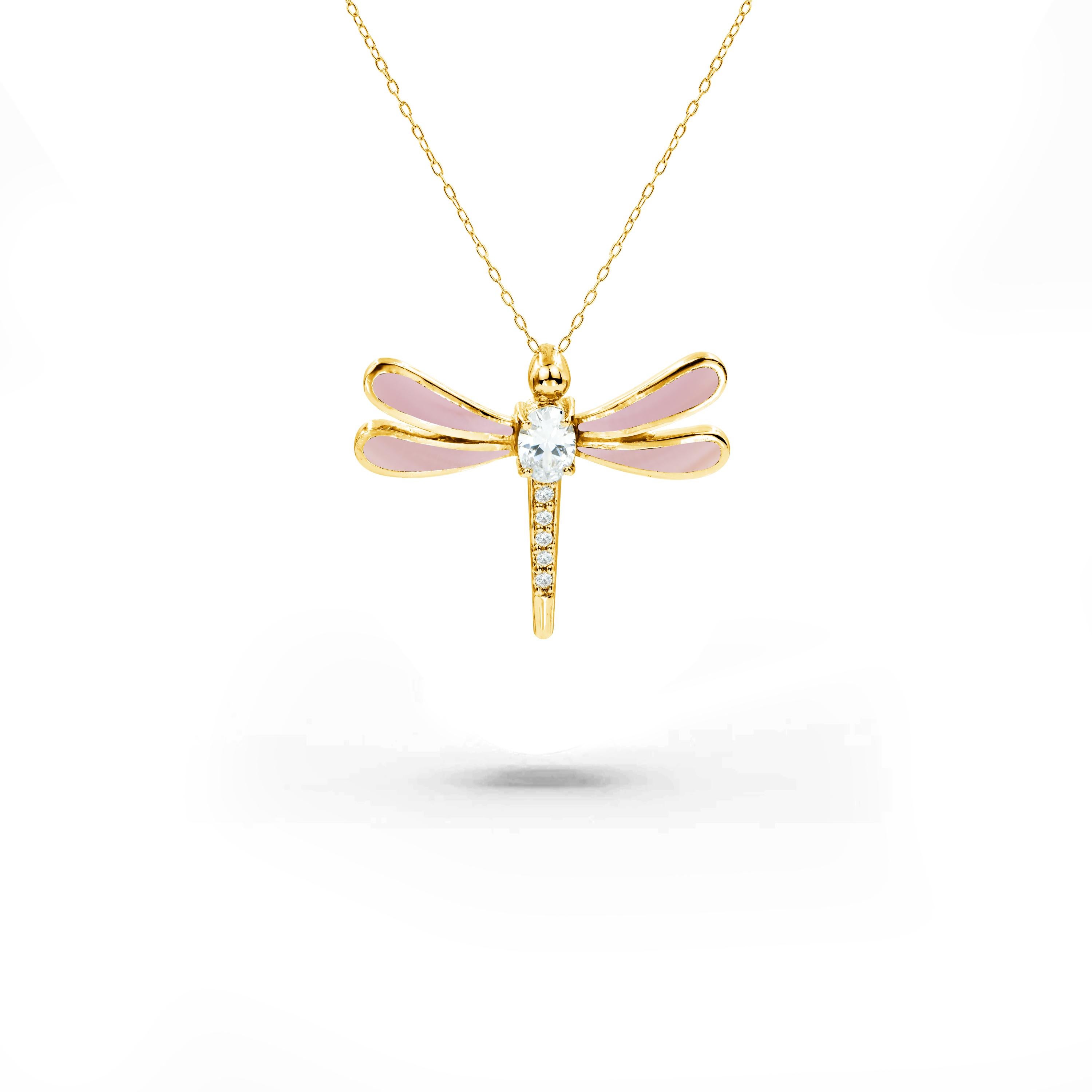 Art Deco 18K Gold filled Mother of Pearl  Abalone Dragon fly Necklace with natural zircon For Sale