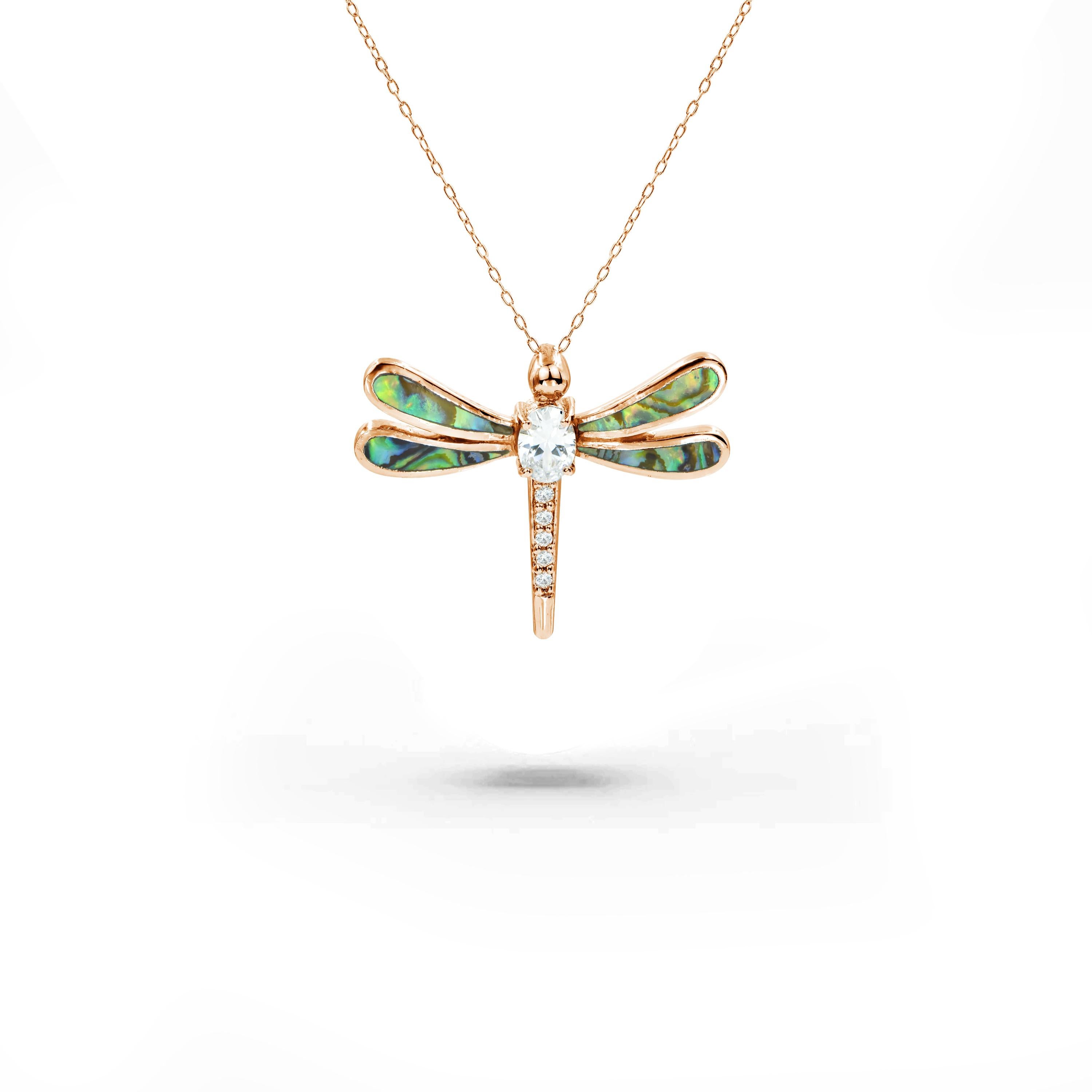 Women's or Men's 18K Gold filled Mother of Pearl  Abalone Dragon fly Necklace with natural zircon For Sale