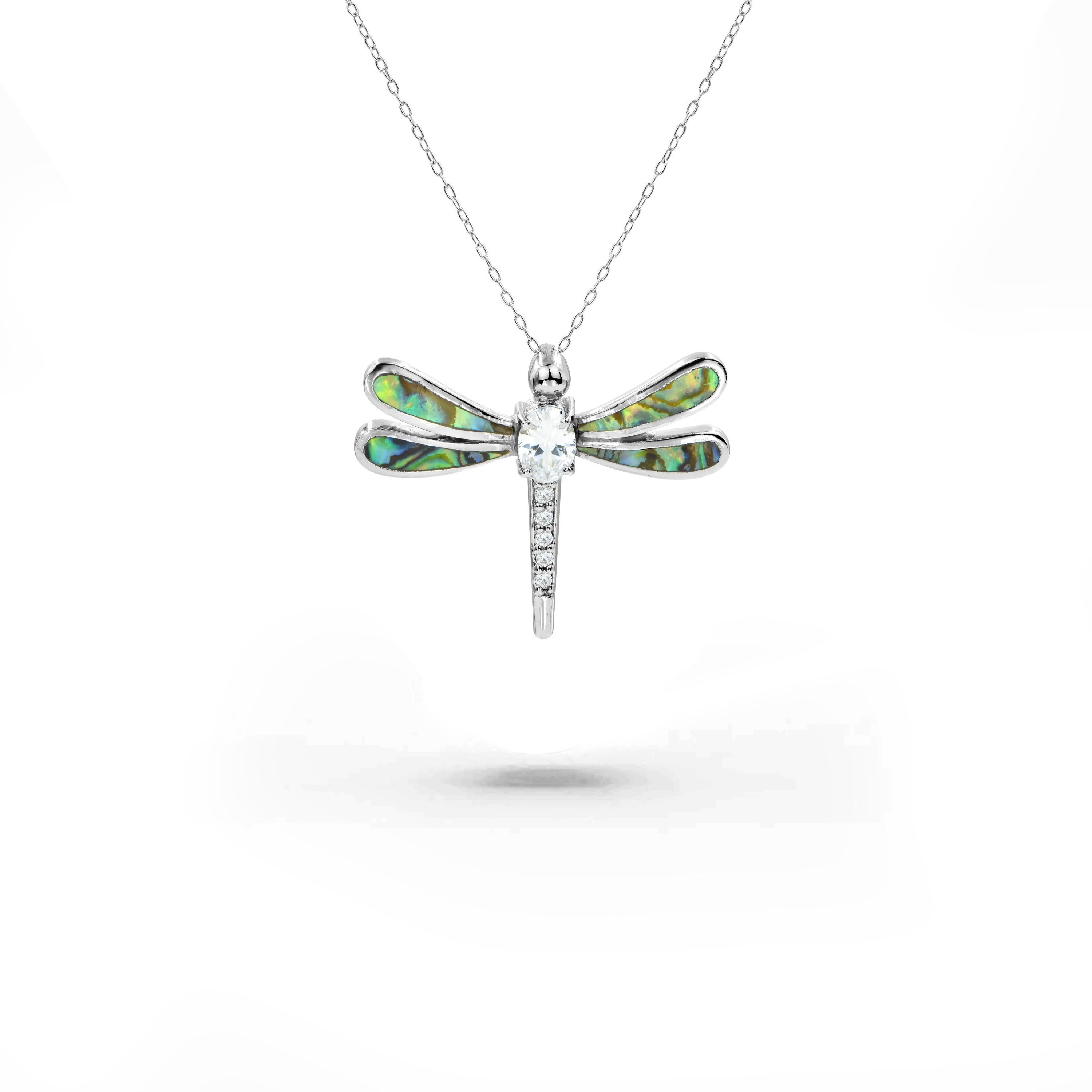 18K Gold filled Mother of Pearl  Abalone Dragon fly Necklace with natural zircon For Sale 1