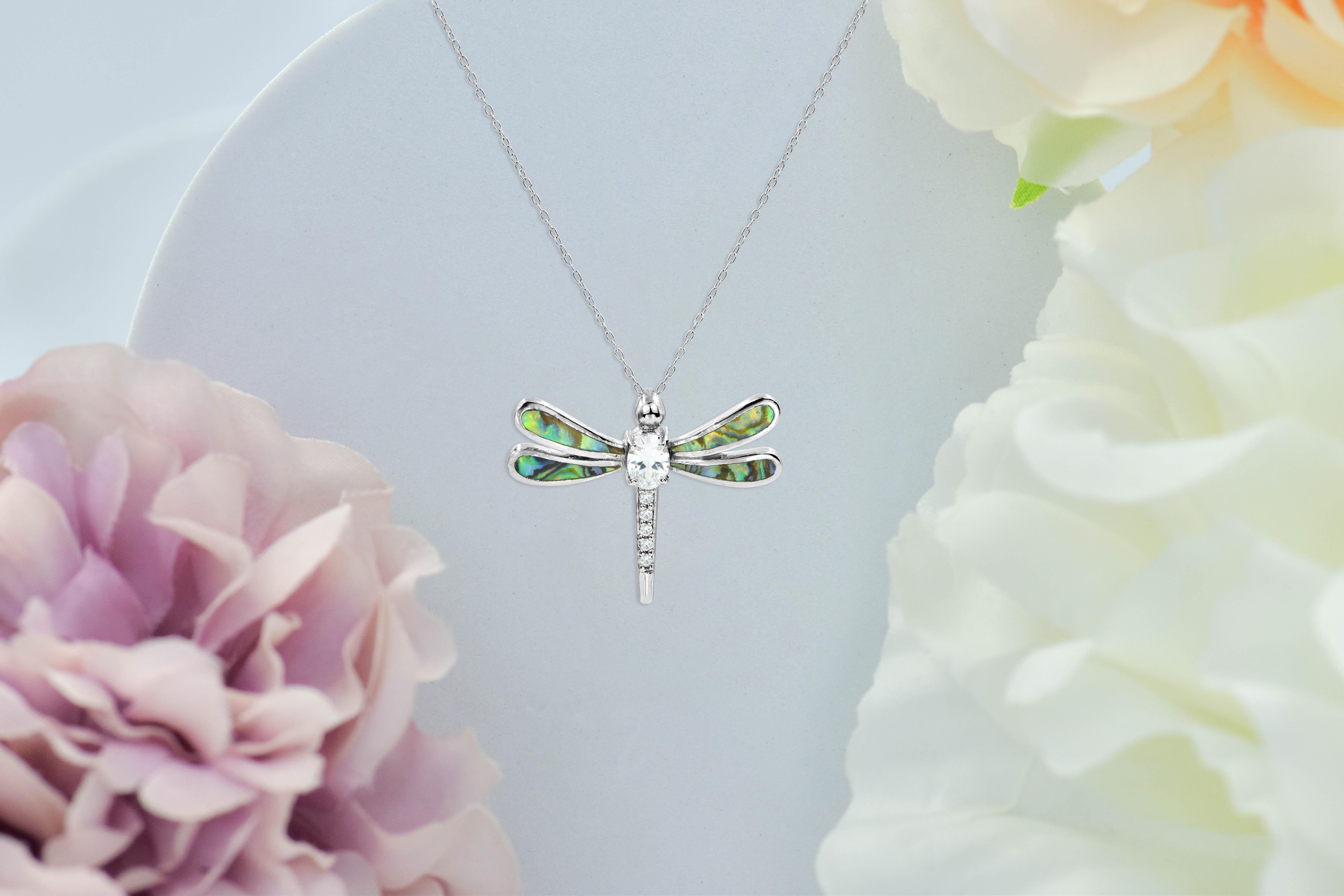 18K Gold filled Mother of Pearl  Abalone Dragon fly Necklace with natural zircon For Sale 3