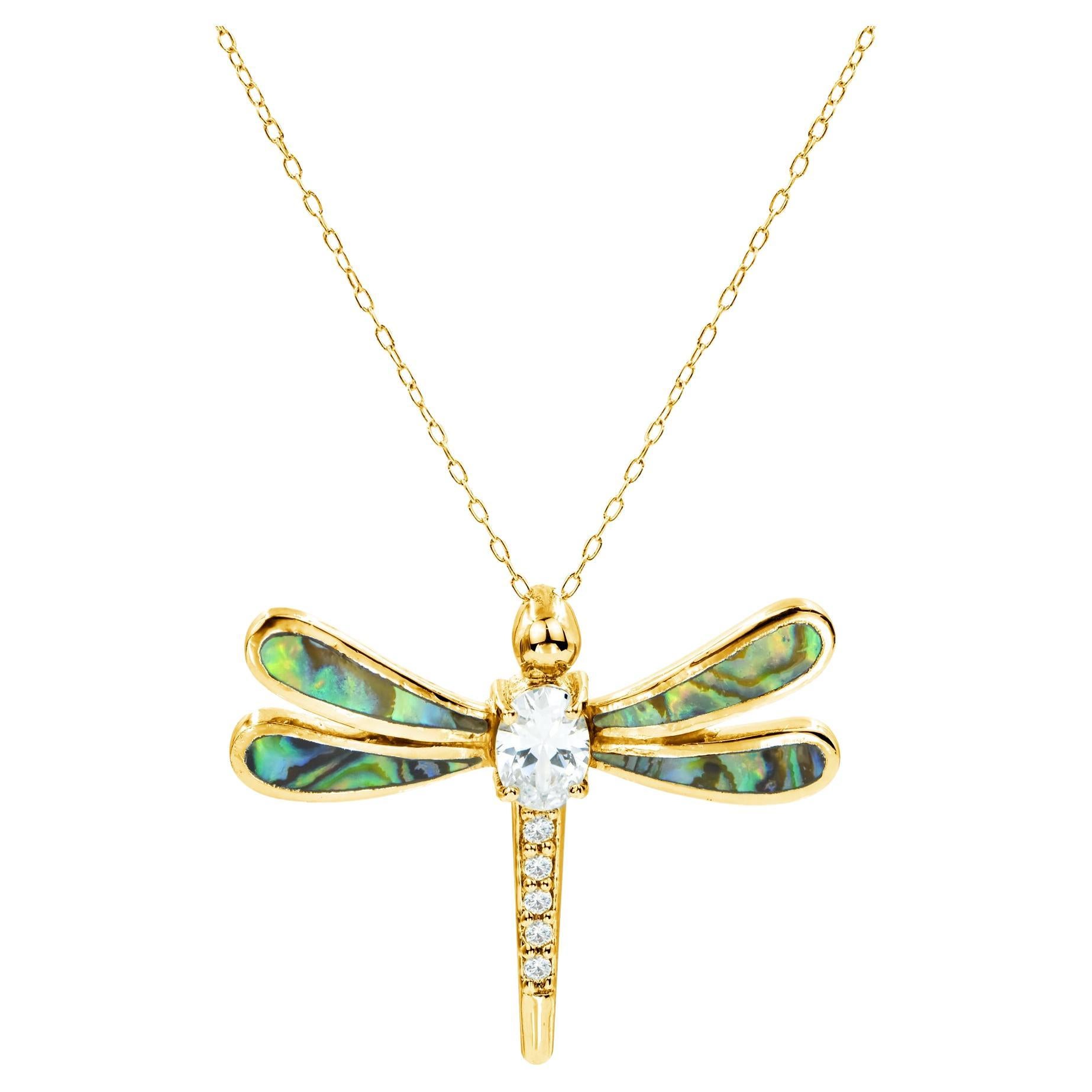 18K Gold filled Mother of Pearl  Abalone Dragon fly Necklace with natural zircon For Sale