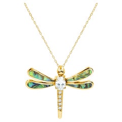 18K Gold filled Mother of Pearl  Abalone Dragon fly Necklace with natural zircon