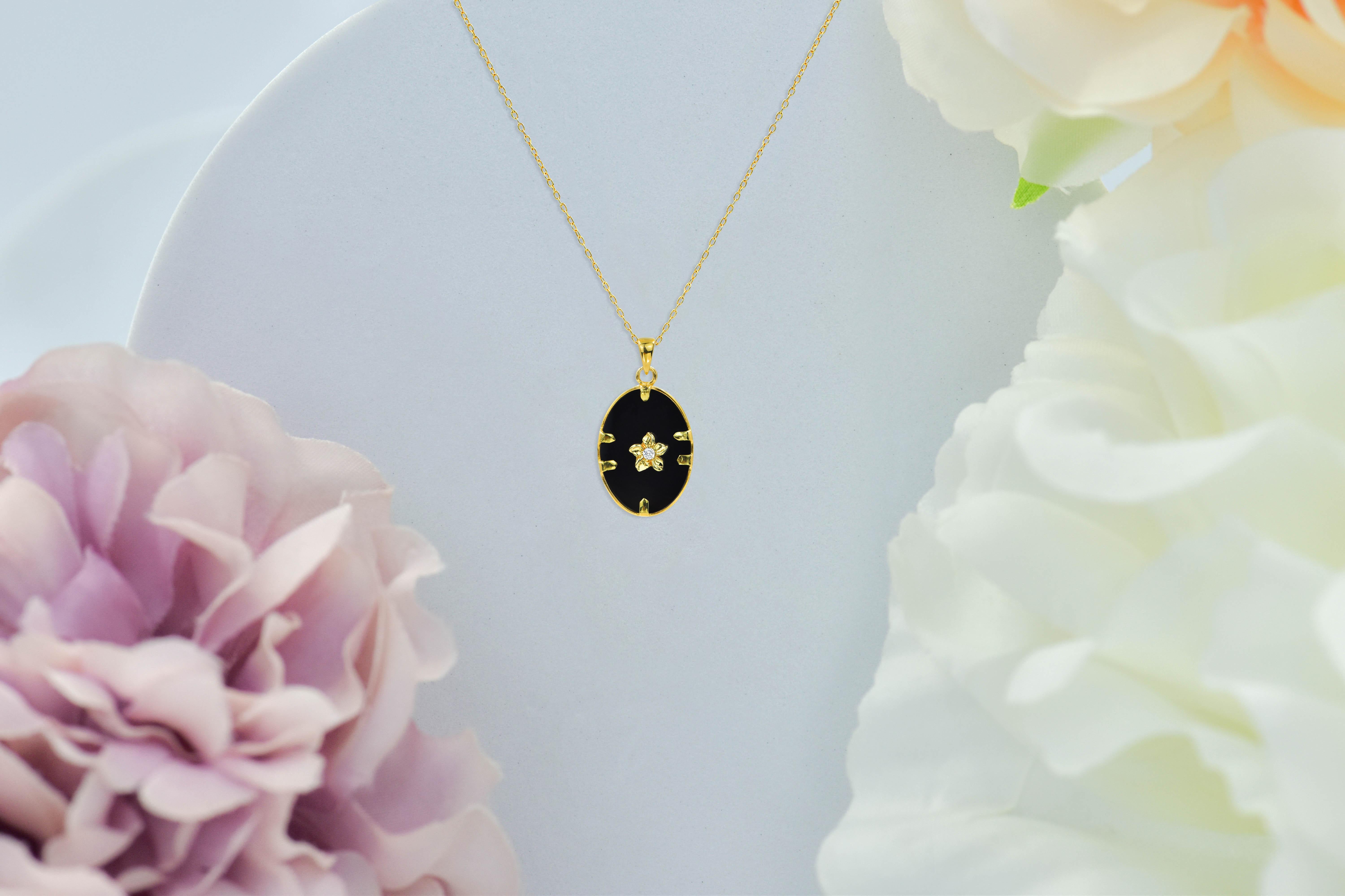 18 Karat Gold gefüllte Halskette mit Onyx MOP Abalone Rosa Muschel und natürlichem Diamanten  im Angebot 5