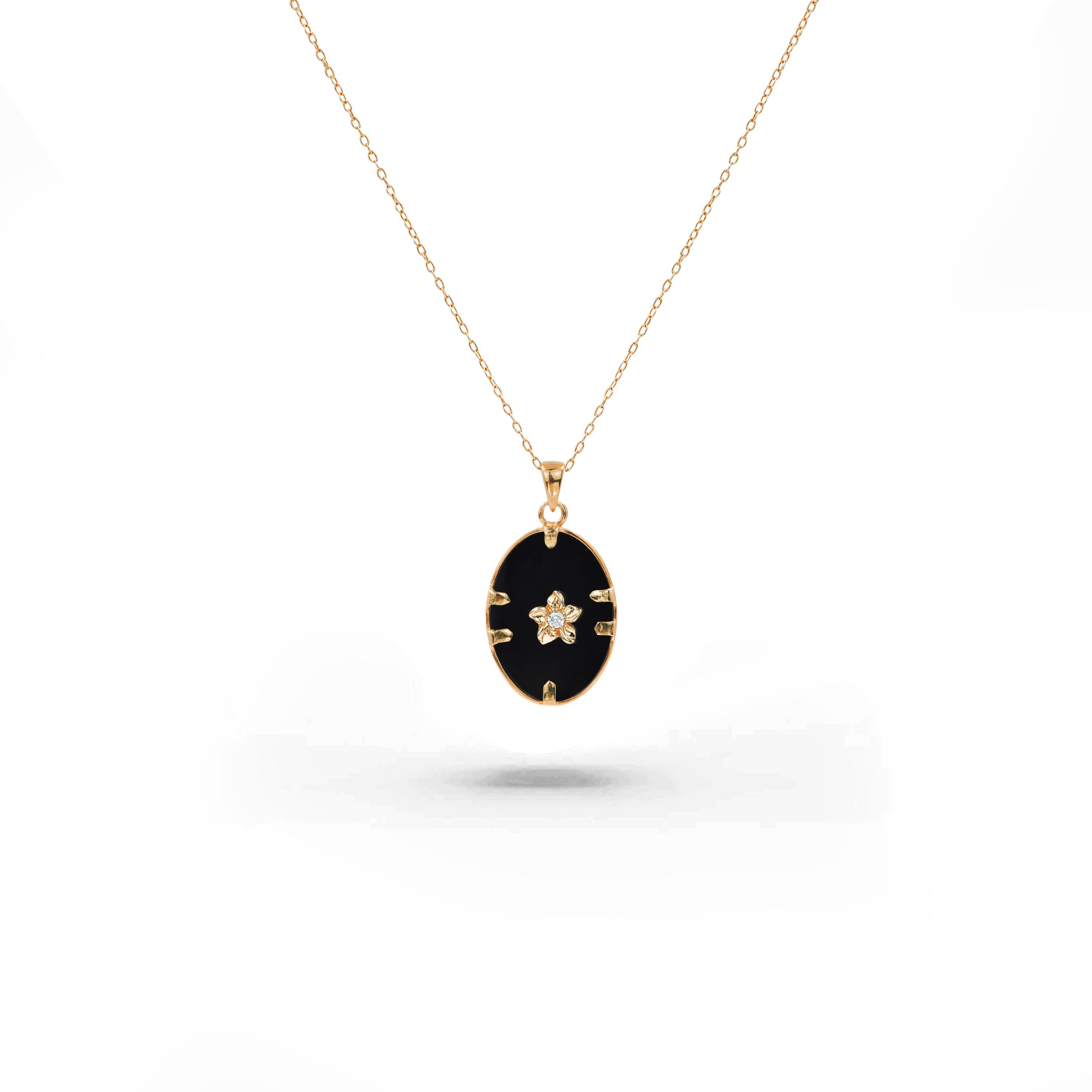 Collier rempli d'or 18 carats avec onyx, coquille d'or rose MOP et diamants naturels  Unisexe en vente