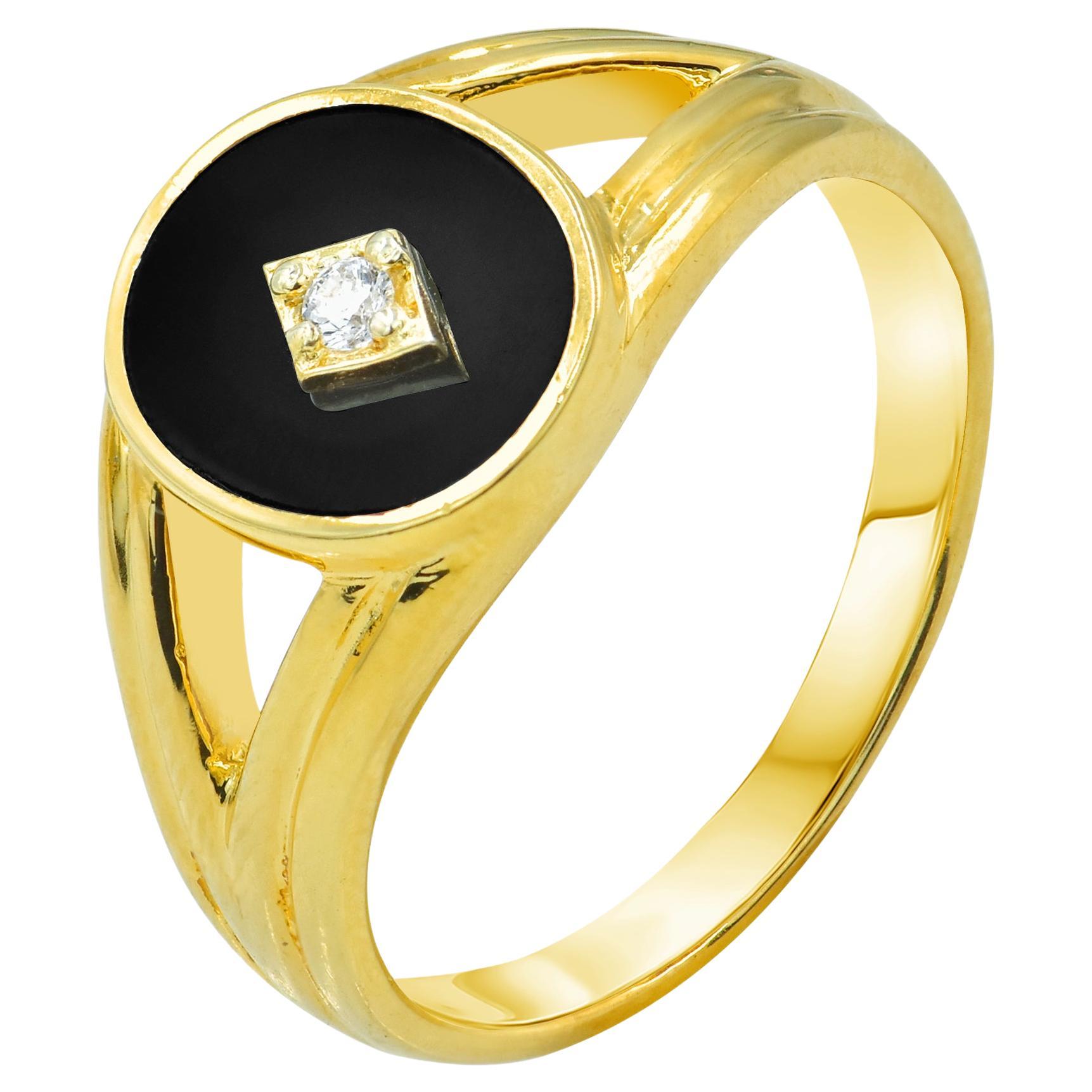 En vente :  Bague chevalière en or 18K avec onyx noir et diamant naturel de 0,03 carat