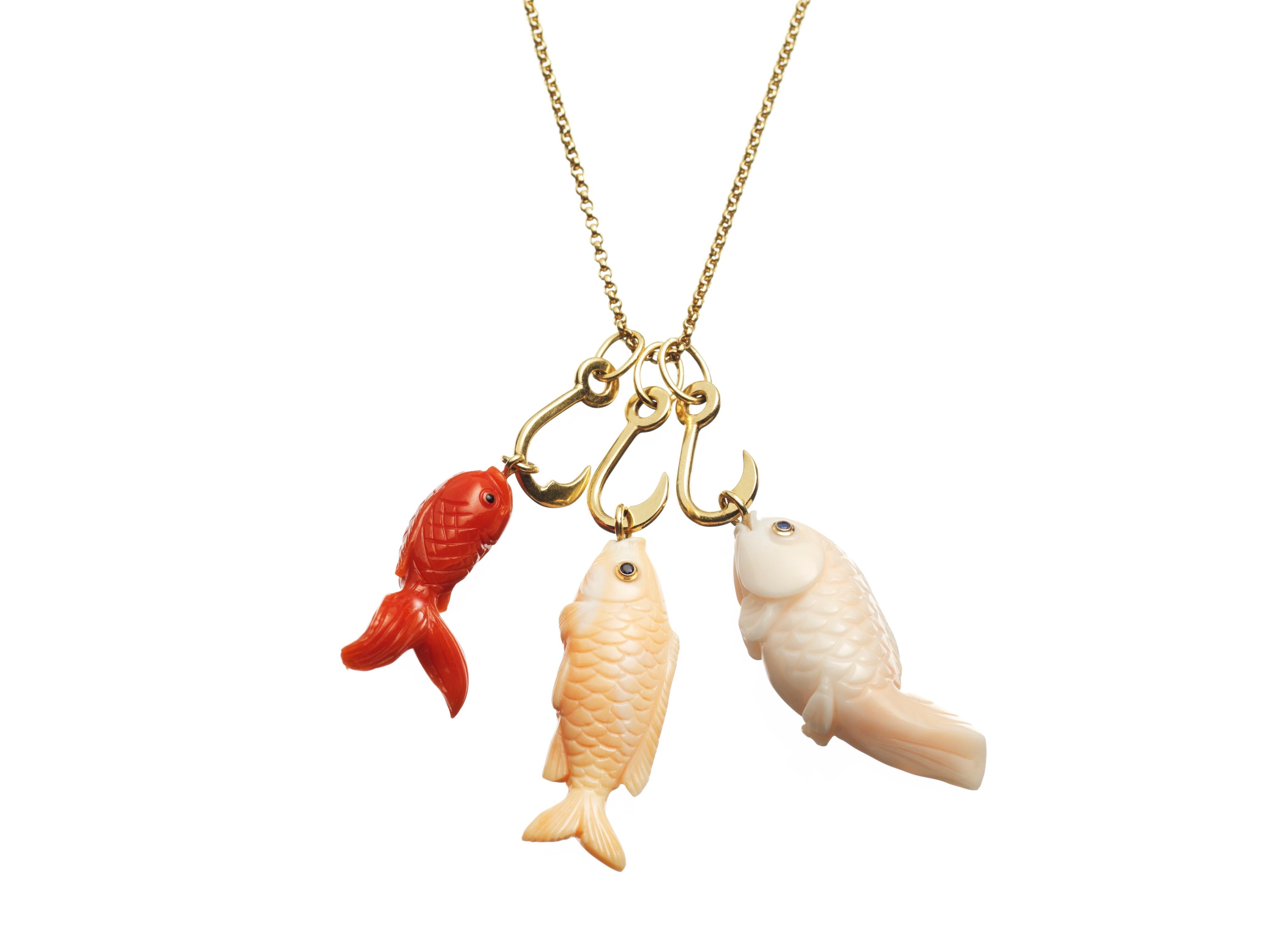 Artisan 18k Gold Fish Pendant from Hand Carved Coral on Hook For Sale
