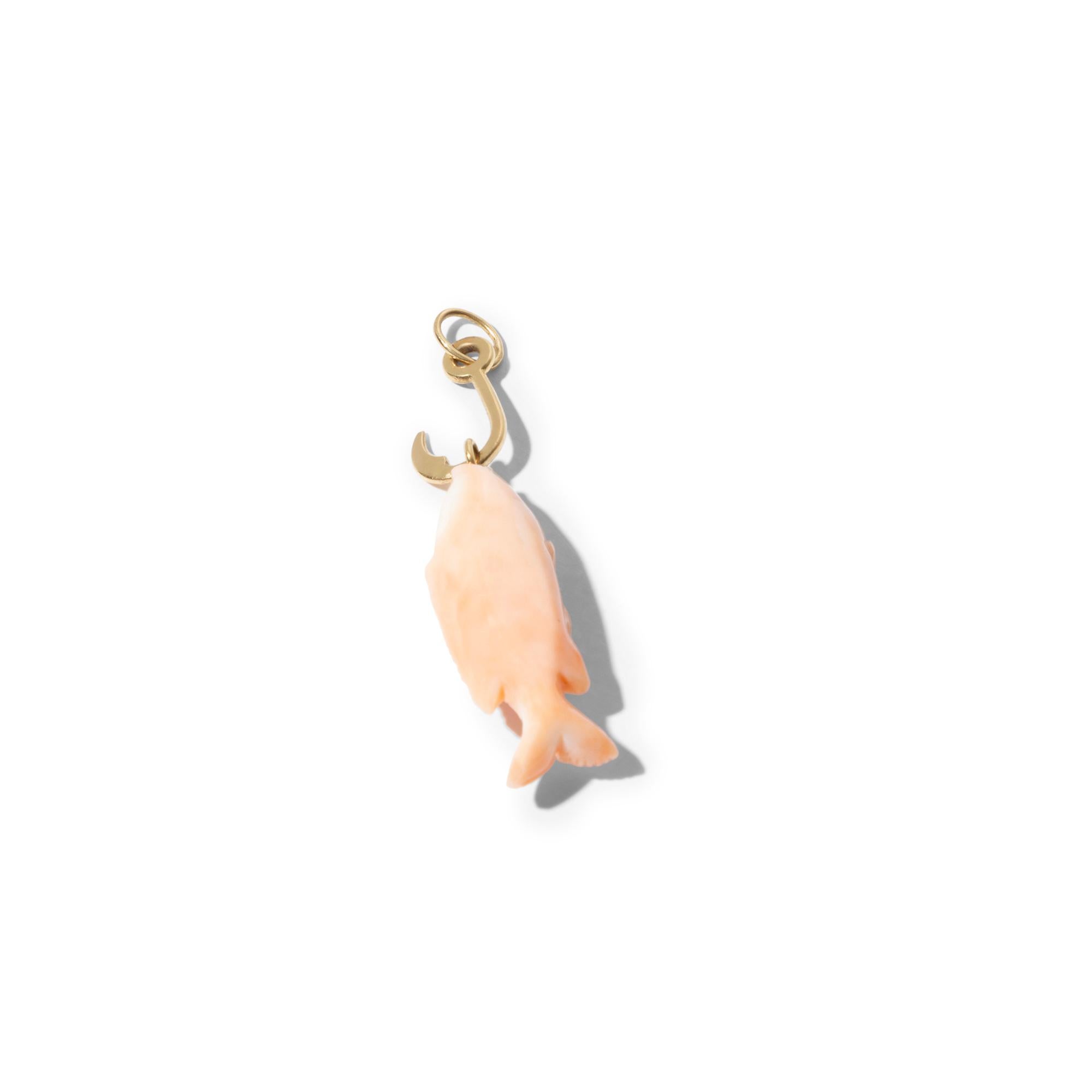 Uncut 18k Gold Fish Pendant from Hand Carved Coral on Hook For Sale