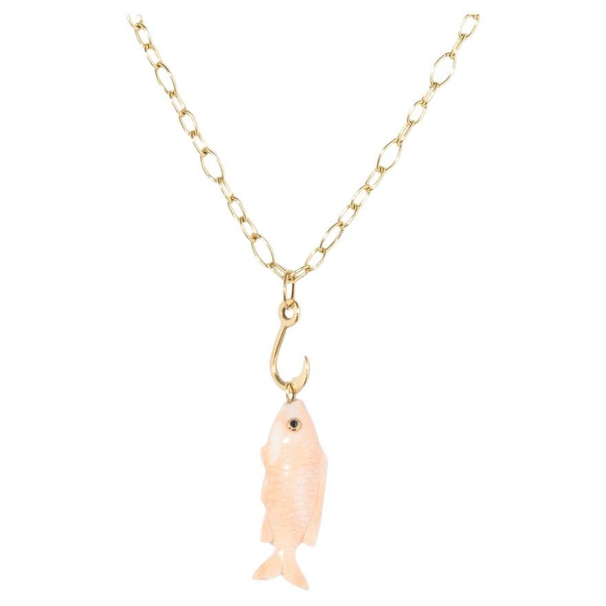 18k Gold Fish Pendant from Hand Carved Coral on Hook For Sale