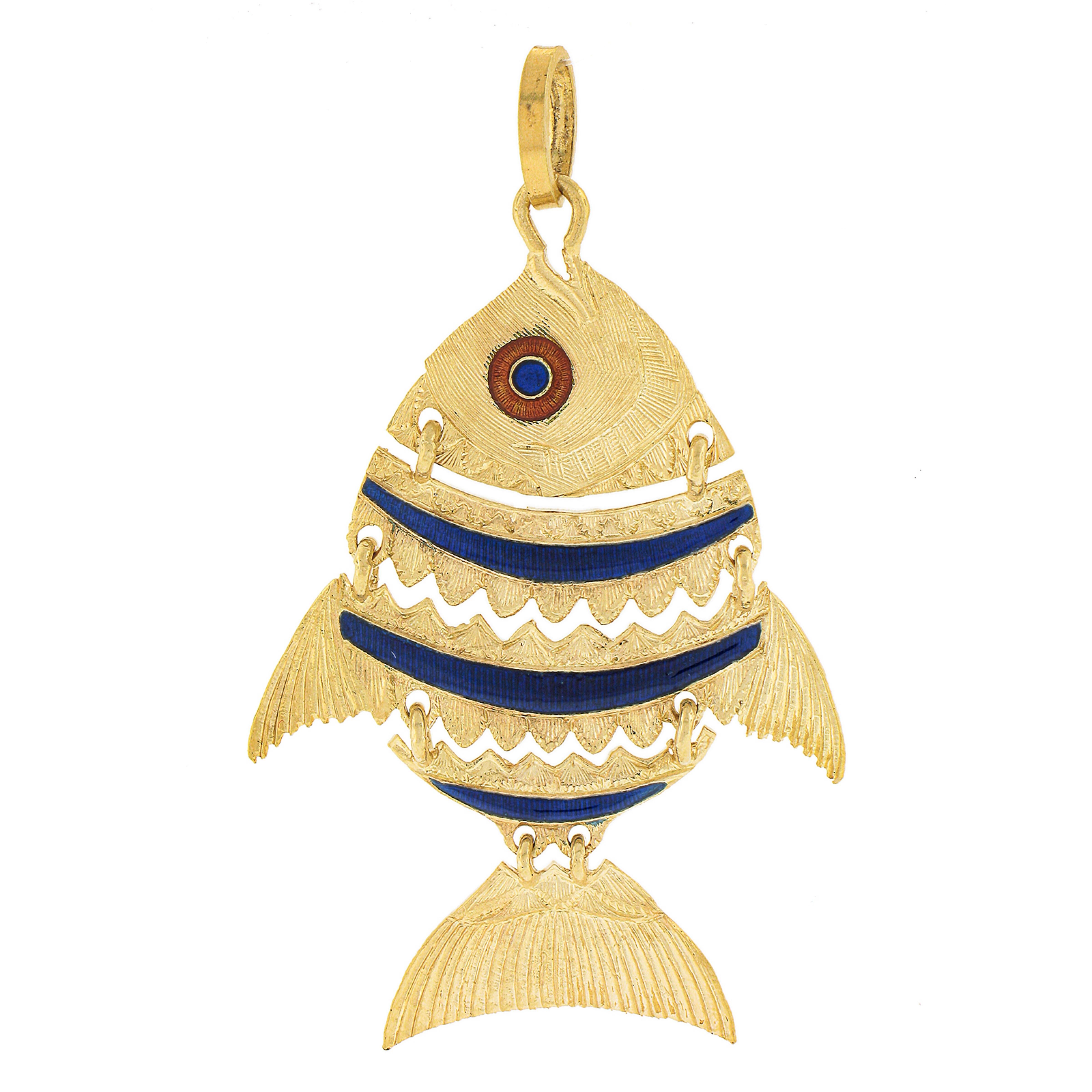 Women's or Men's 18K Gold Flexible Detailed Textured Blue & Orange Enamel Work Fish Charm Pendant For Sale