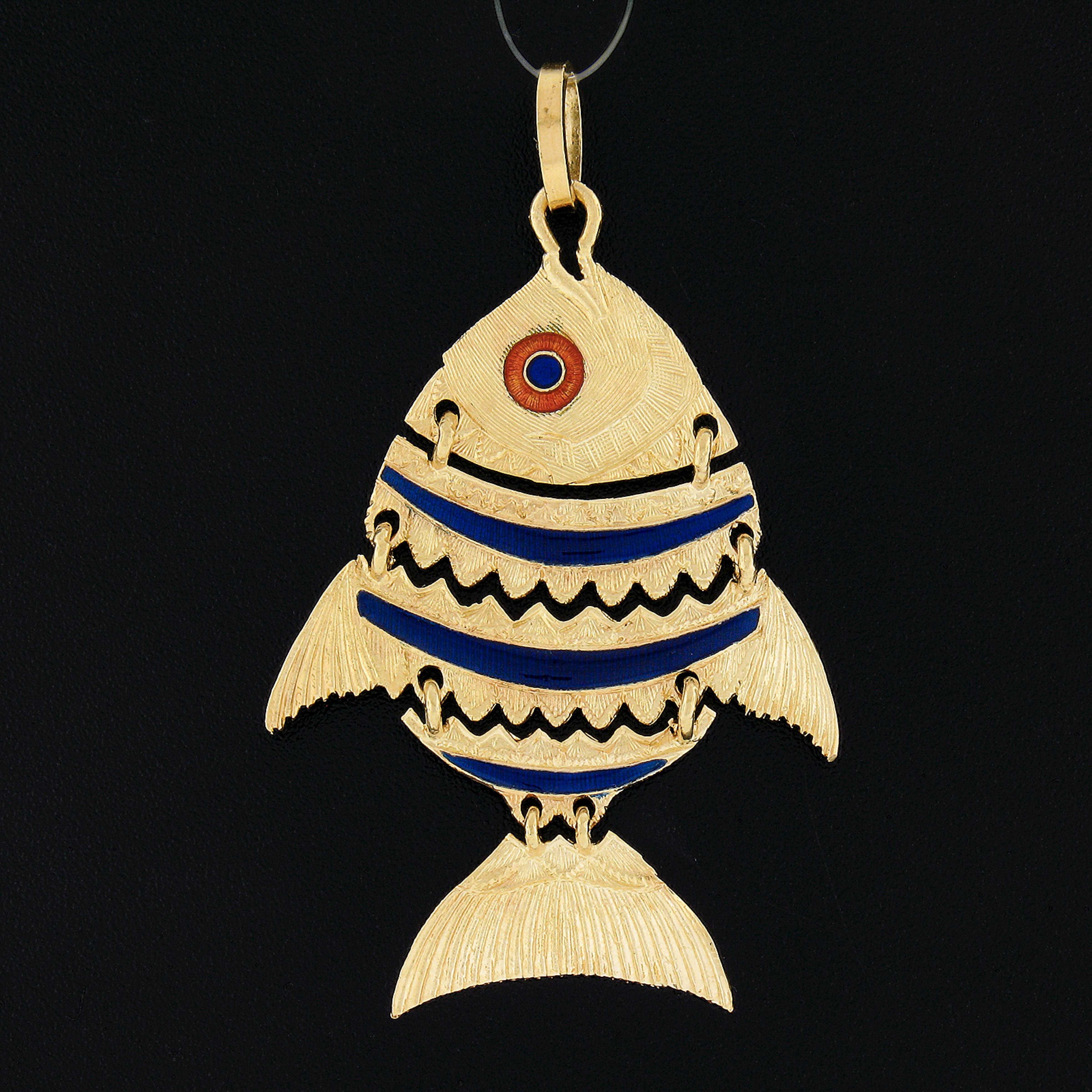 18K Gold Flexible Detailed Textured Blue & Orange Enamel Work Fish Charm Pendant For Sale 1