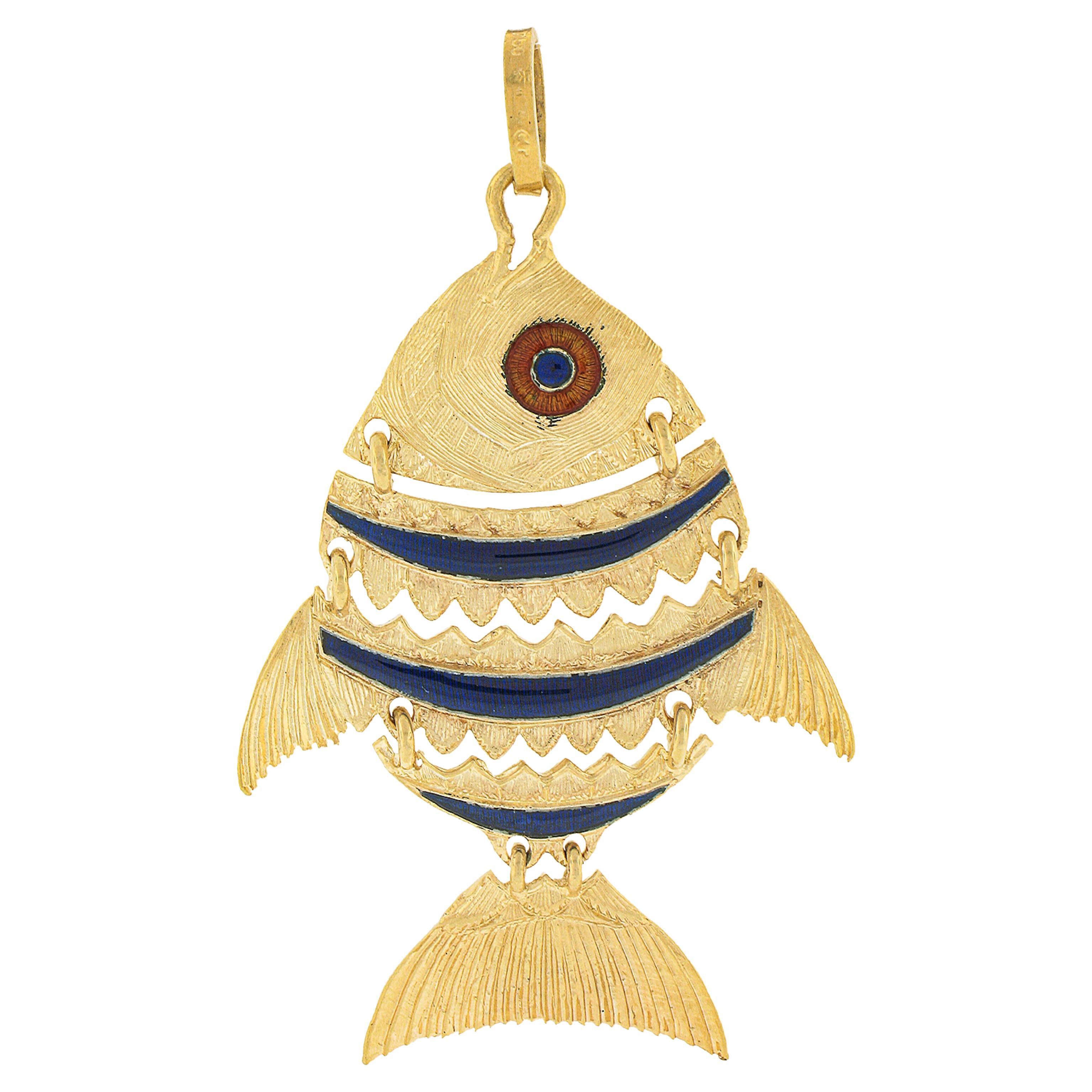 18K Gold Flexible Detailed Textured Blue & Orange Enamel Work Fish Charm Pendant For Sale