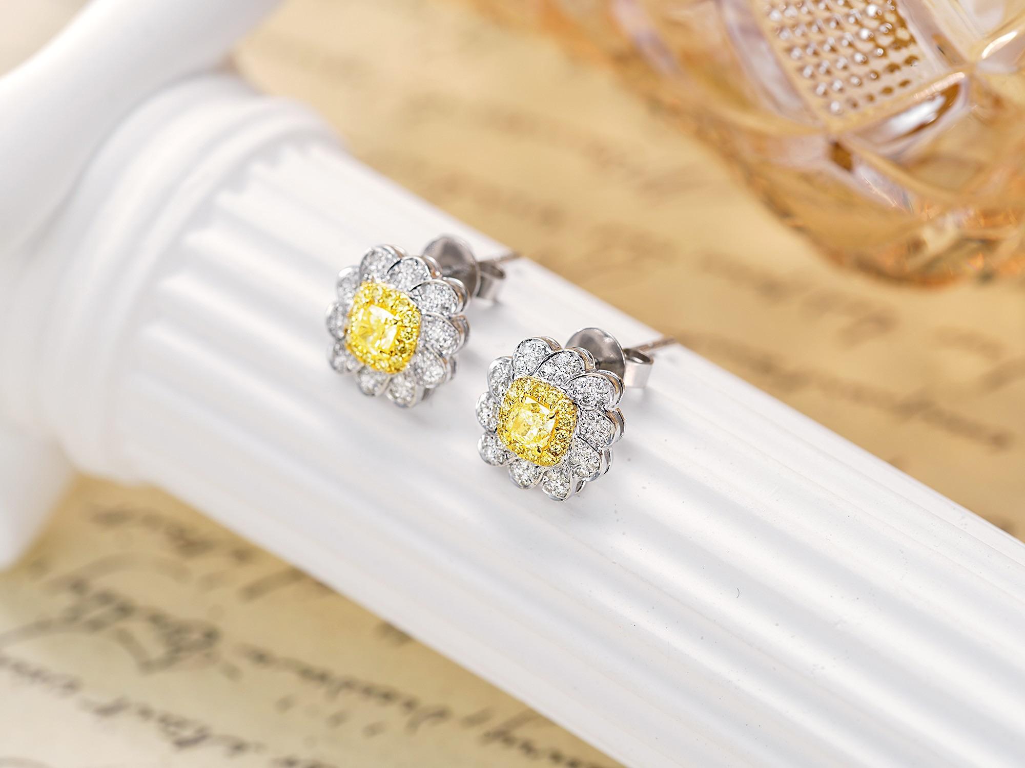 Cushion Cut 18K Gold Floral Cushion-Cut Stud Earrings with Natural Yellow Diamonds For Sale