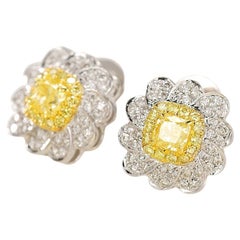 18K Gold Floral Cushion-Cut Stud Earrings with Natural Yellow Diamonds