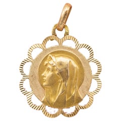 18K gold Floral Estate pendant - Vintage religious Blessed Mother, Madonna charm